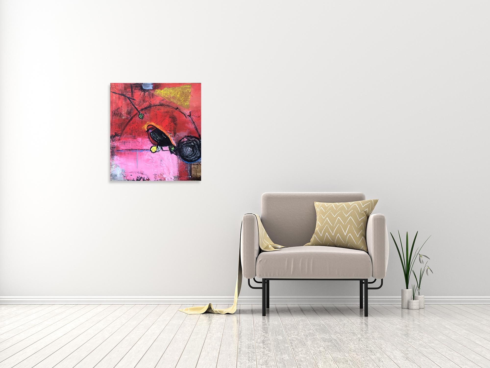 Roter Vogel  Abstraktes Gemälde in Mischtechnik – Karol Jersak im Angebot 1