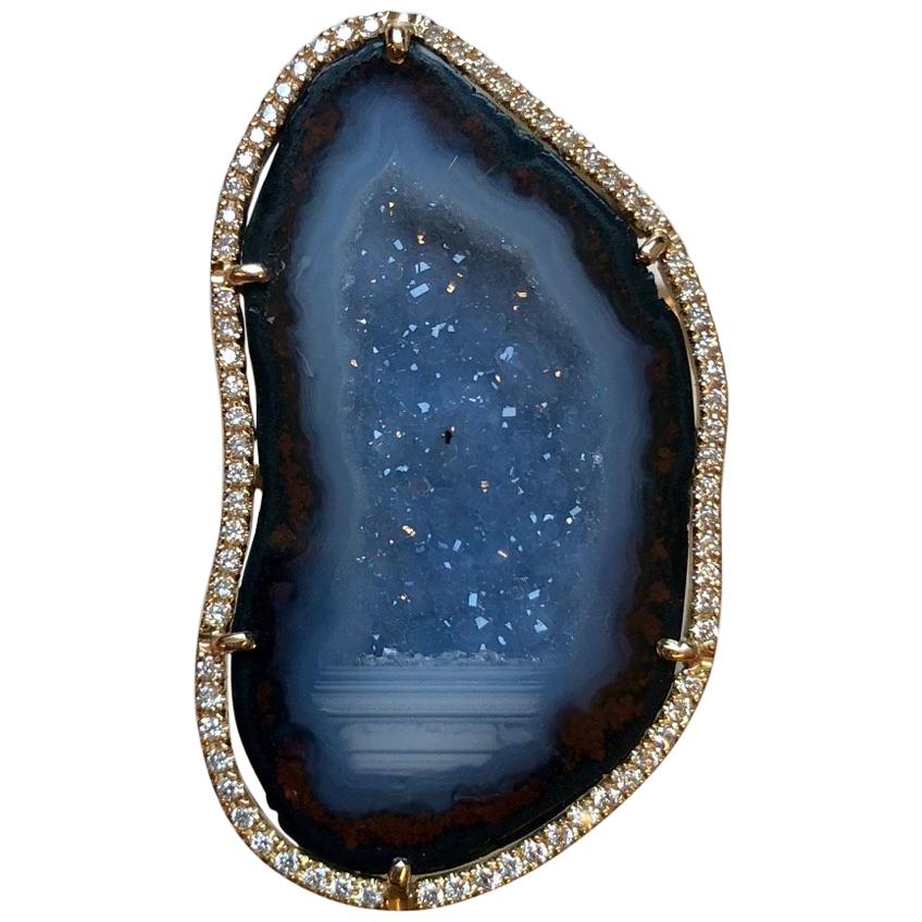Karolin Agate Geode Blue Gold Cocktail Ring Pavé Diamonds