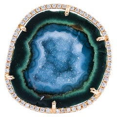 Karolin Agate Geode Green/Blue Gold Cocktail Ring Pavé Diamonds