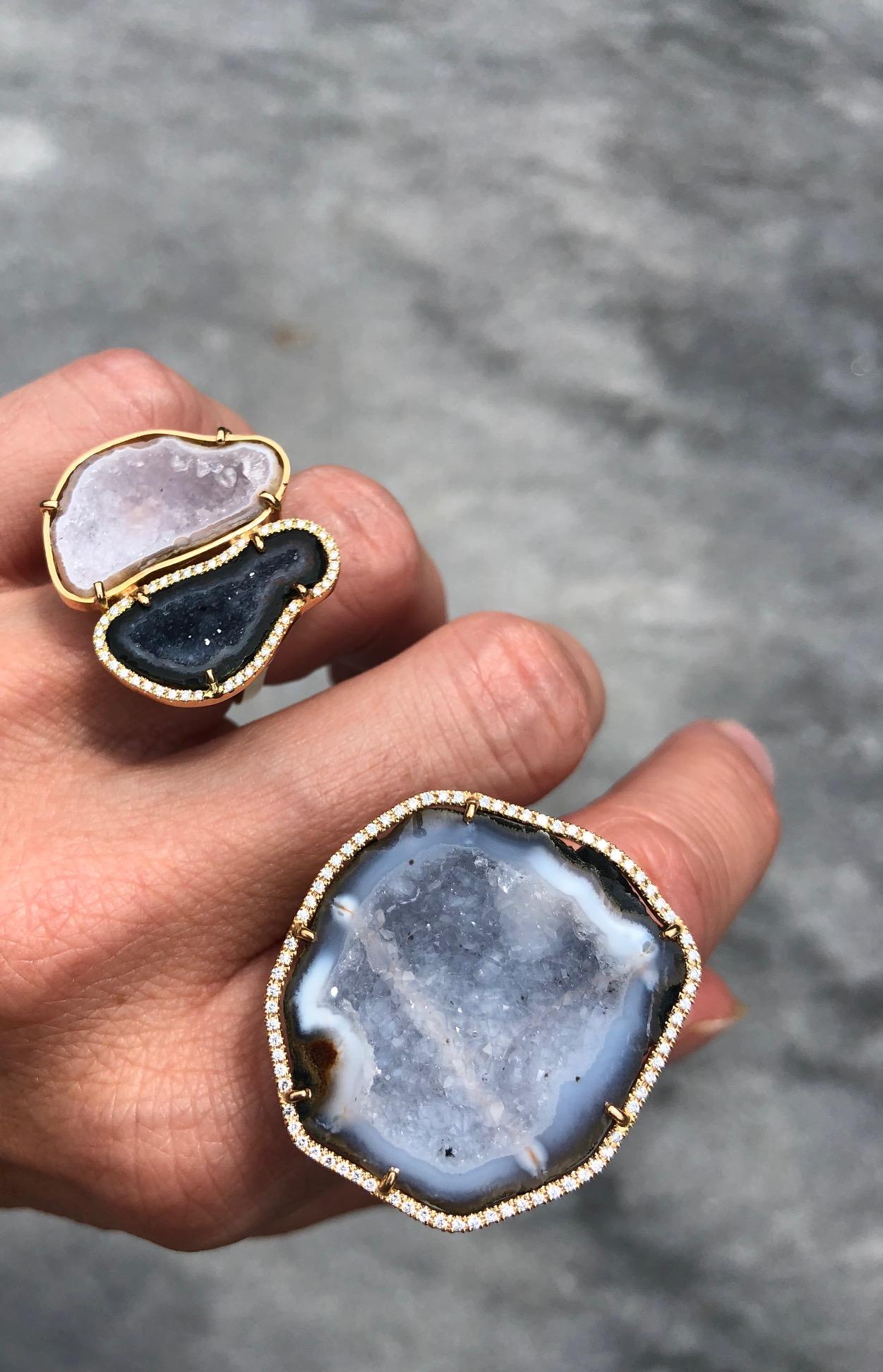 Contemporary Karolin Agate Geode Light Blue Gold Cocktail Ring Pavé Diamonds