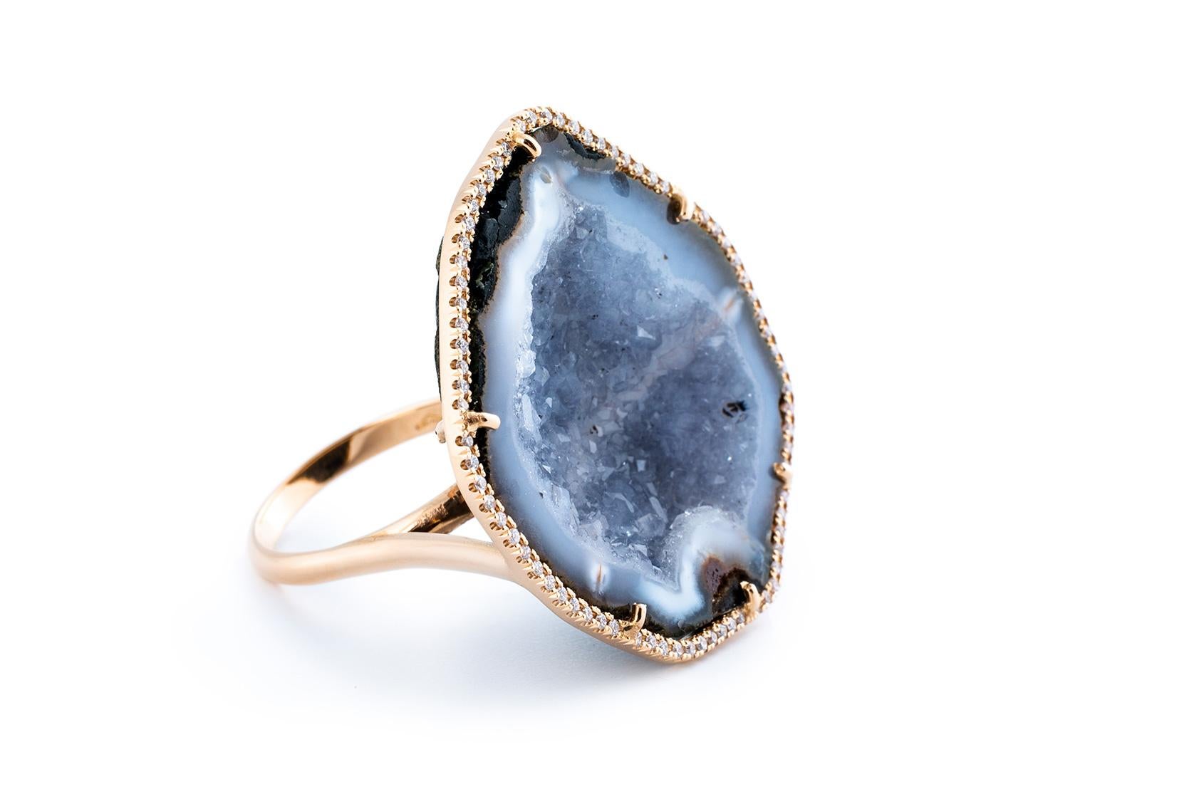 Round Cut Karolin Agate Geode Light Blue Gold Cocktail Ring Pavé Diamonds