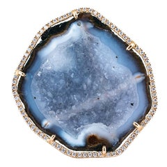 Karolin Agate Geode Light Blue Gold Cocktail Ring Pavé Diamonds
