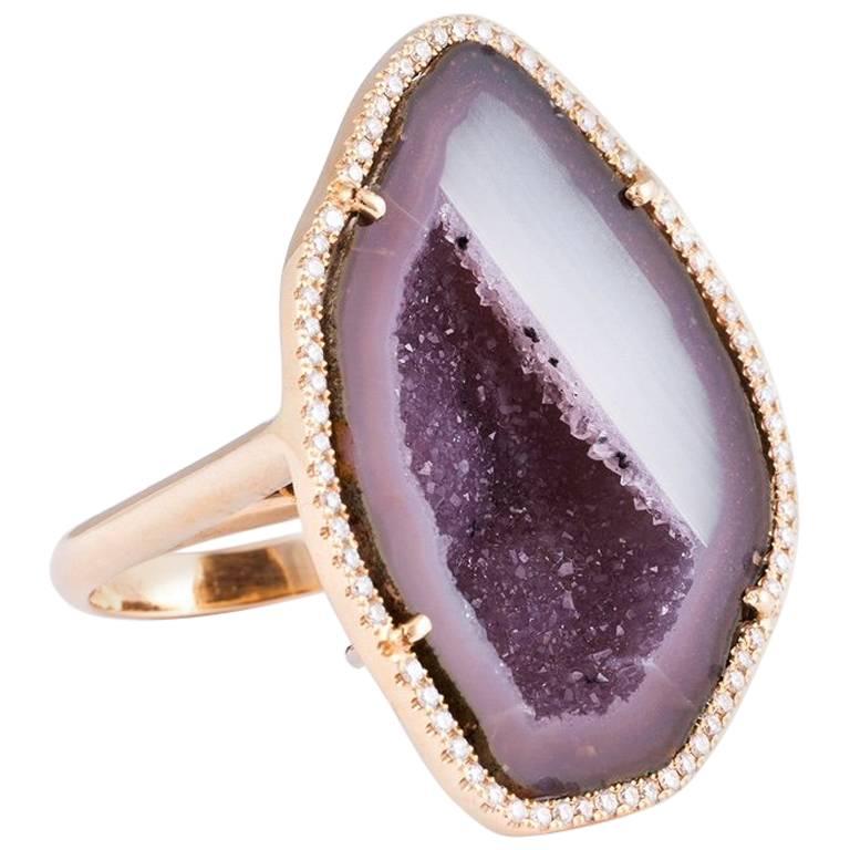 Karolin Agate Geode Purple/White Gold Cocktail Ring Pavé Diamonds