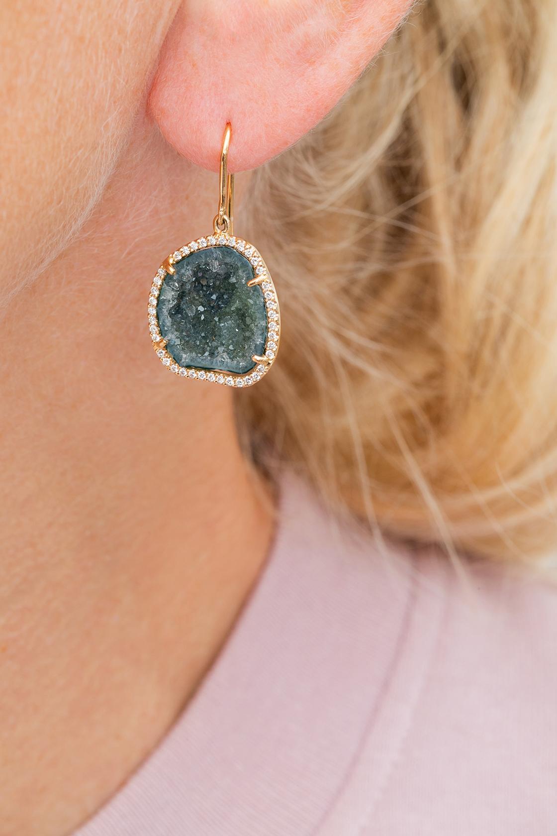 Round Cut Karolin Blue/Green Agate Geode Stud Pave Diamond Rose Gold Earrings For Sale