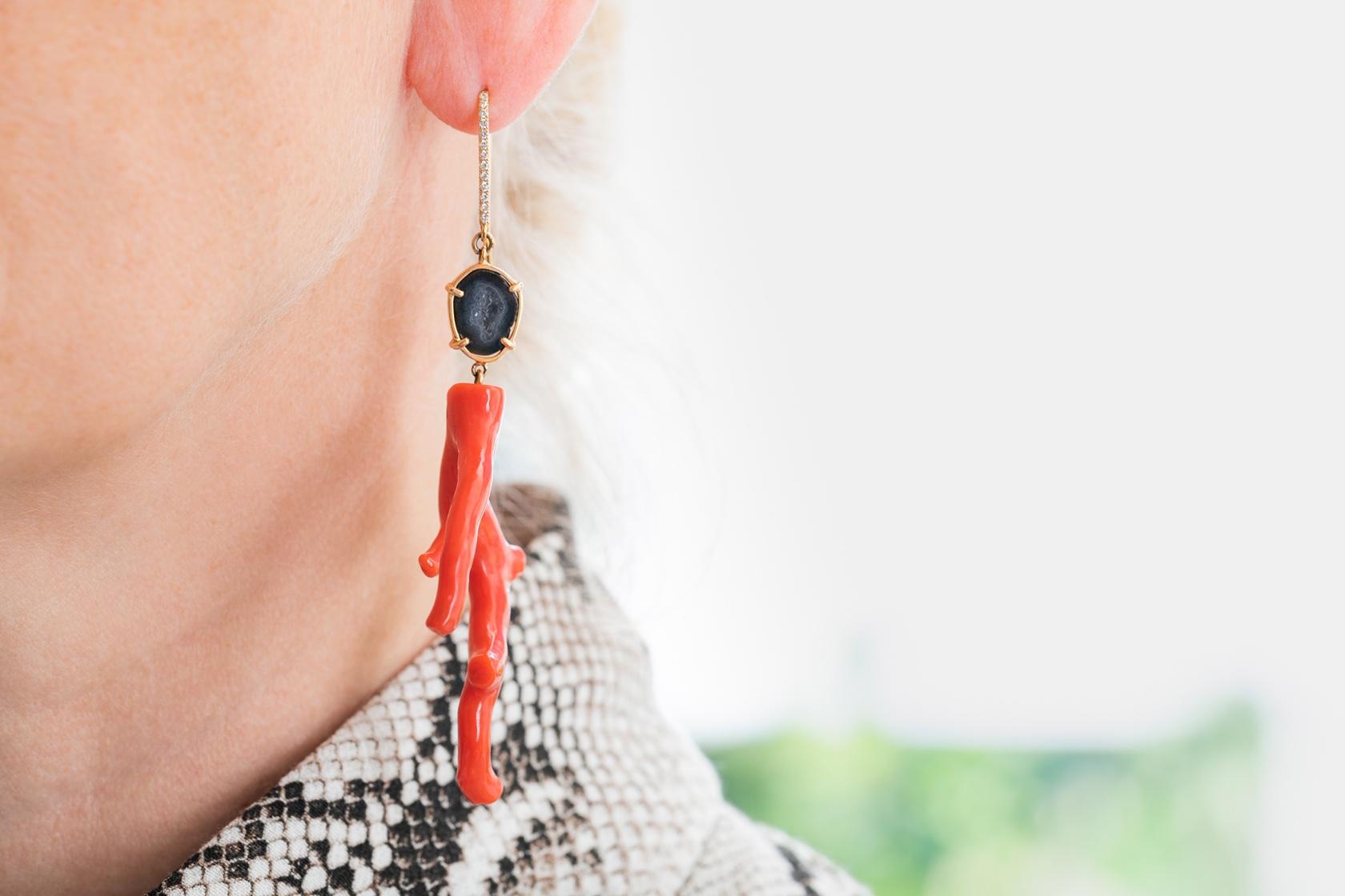 Contemporary Karolin Red Coral Stud Earrings with White Diamonds on the Hook For Sale