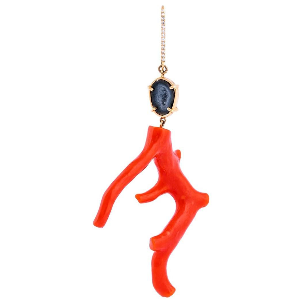 Karolin Red Coral Stud Earrings with White Diamonds on the Hook For Sale