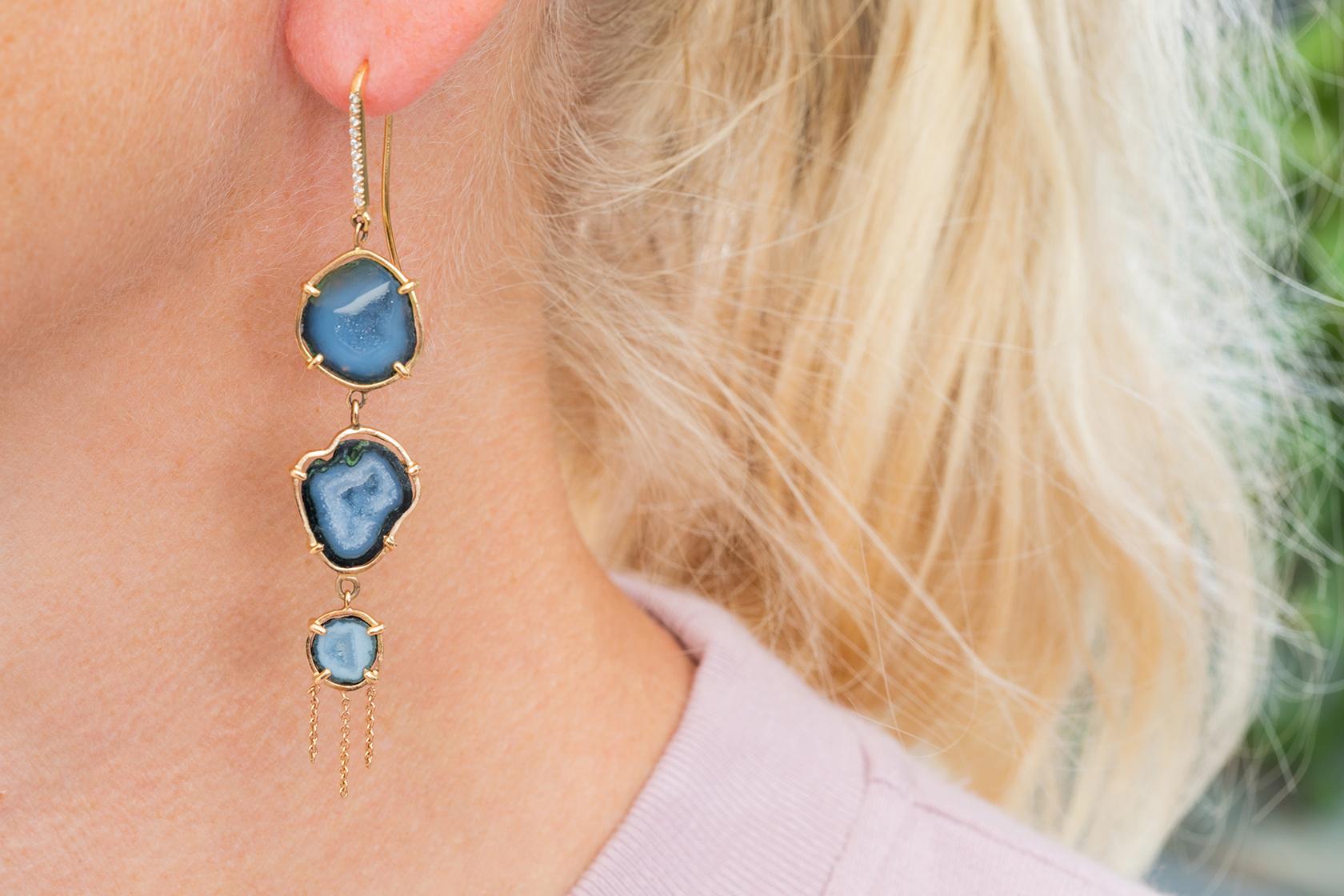 Contemporary Karolin Rose Gold Agate Geode Pavé Drop Earrings with White Diamonds Hook