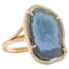 Karolin Rose Gold Blue/Green Agate Geode White Pave Diamond Cocktail Ring