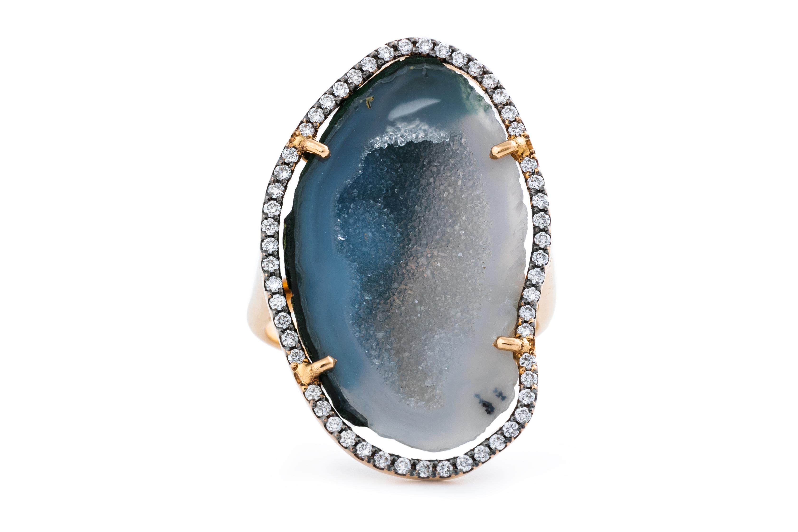 Contemporary Karolin Rose Gold Blue/White Agate Geode White Pave Diamond Cocktail Ring For Sale