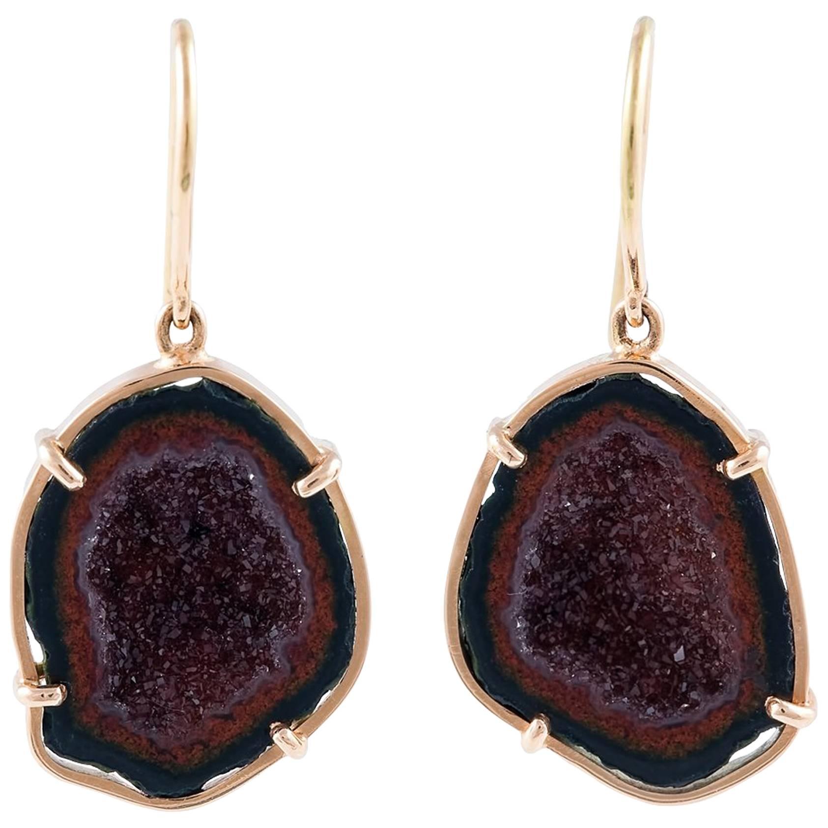 Karolin Rose Gold Bordeaux Agate Geode Drop Hook Earrings For Sale