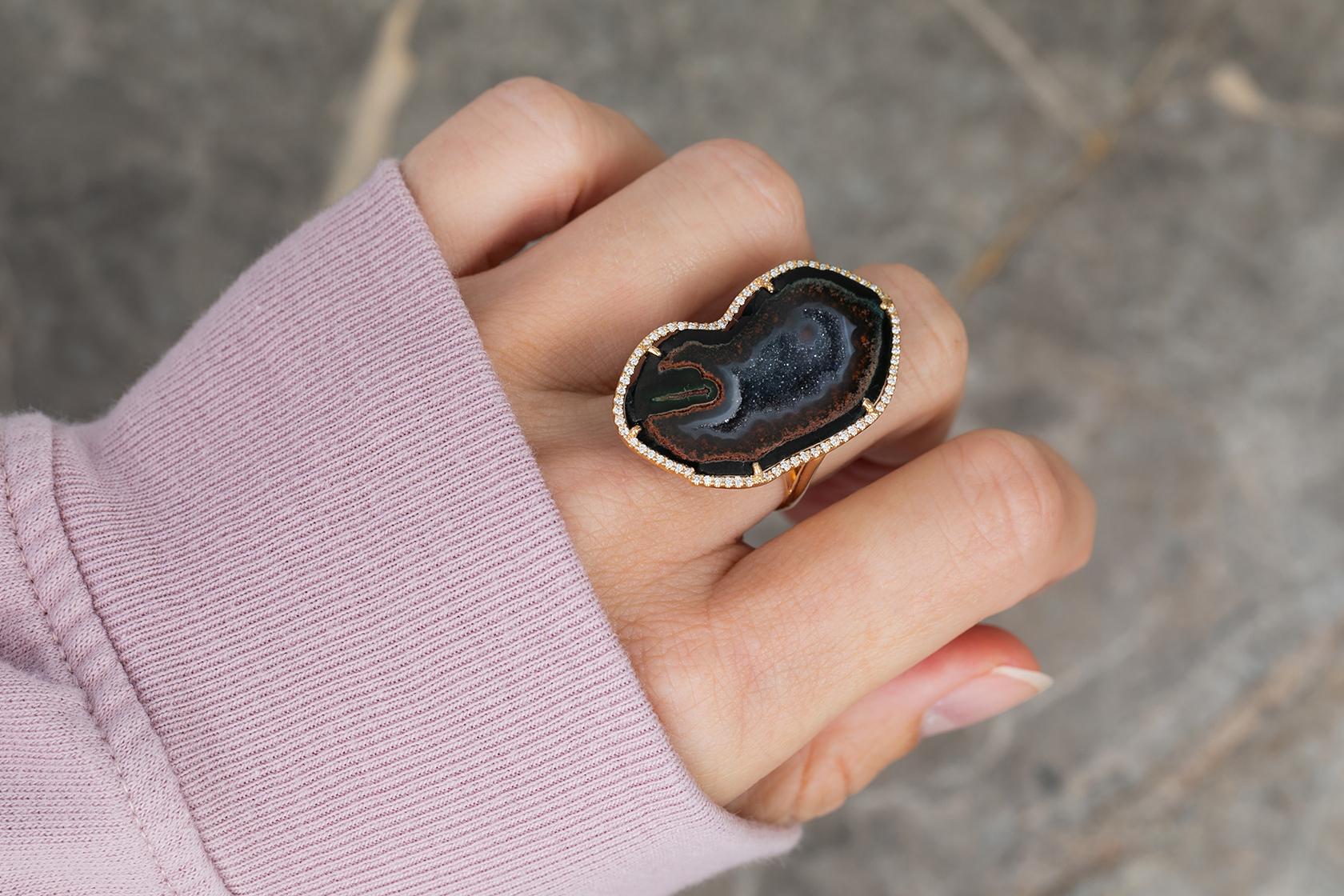 Contemporary Karolin Rose Gold Brown Agate Geode White Pave Diamond Cocktail Ring