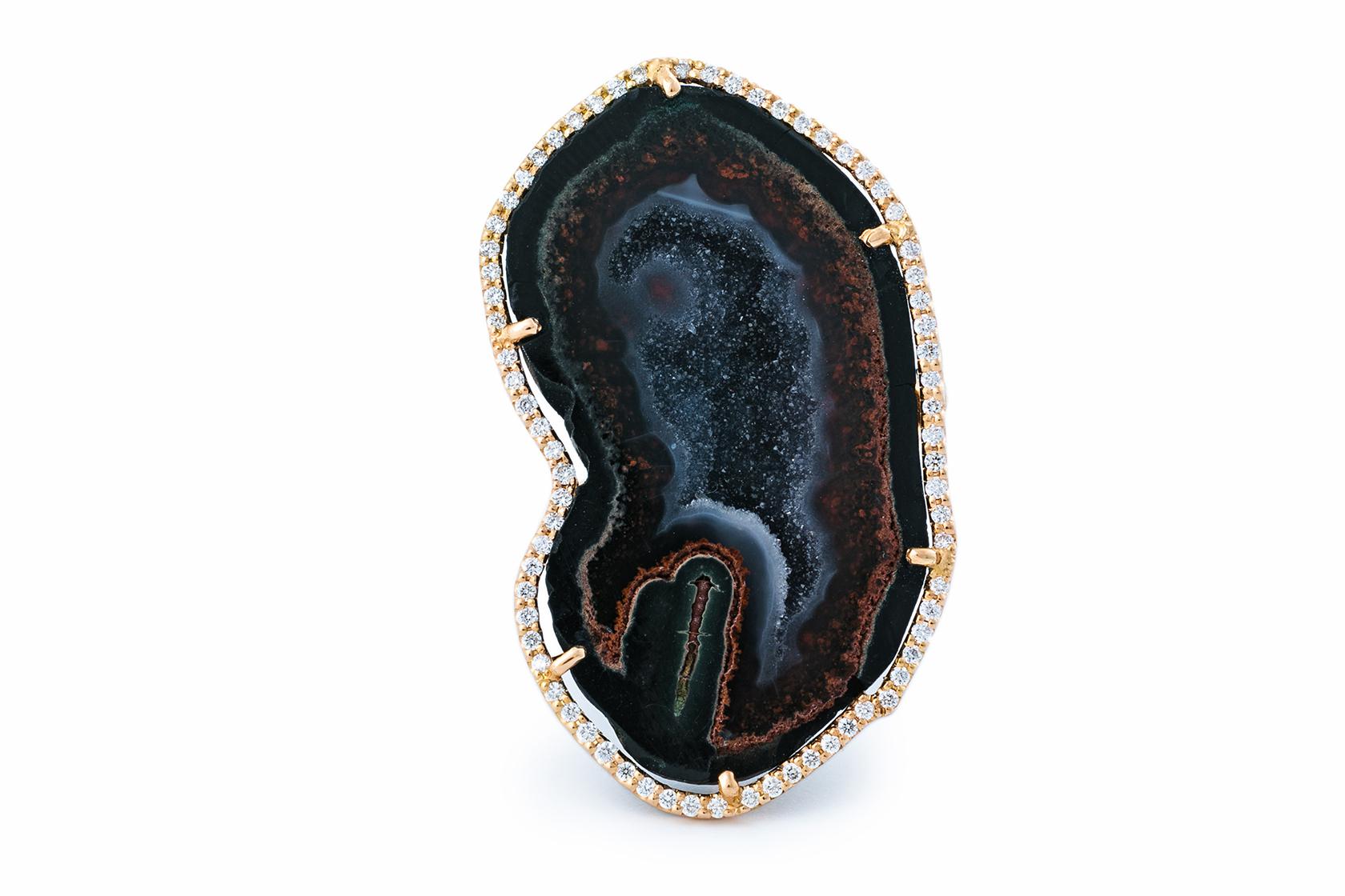 Karolin Rose Gold Brown Agate Geode White Pave Diamond Cocktail Ring In New Condition In Antwerp, BE