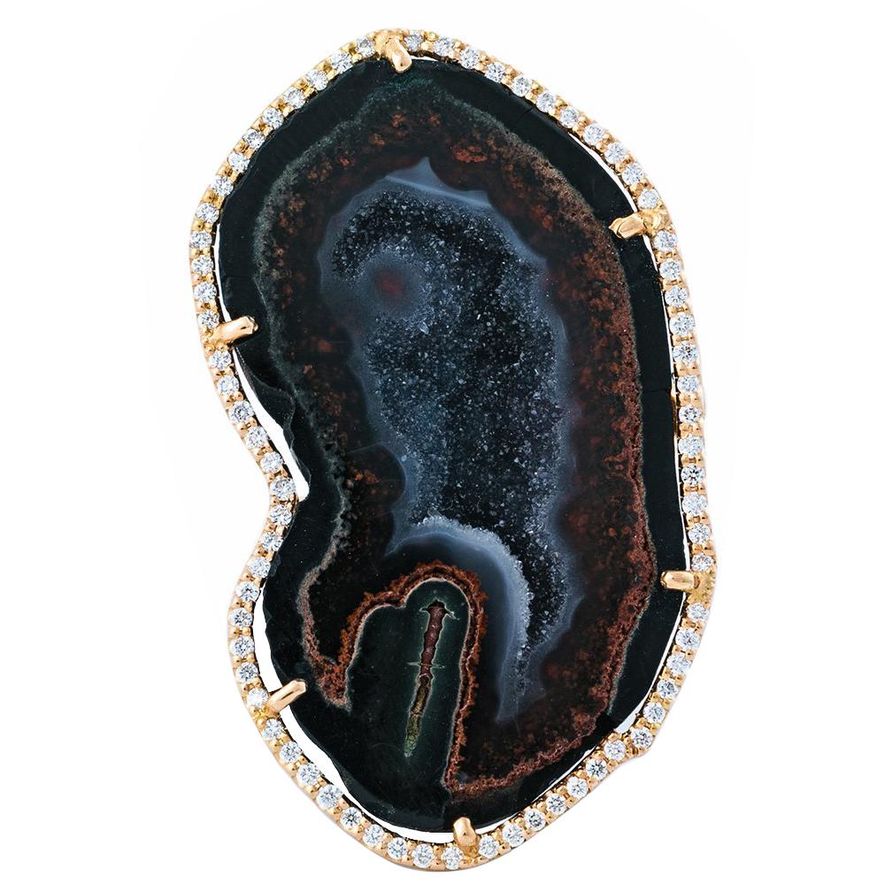 Karolin Rose Gold Brown Agate Geode White Pave Diamond Cocktail Ring