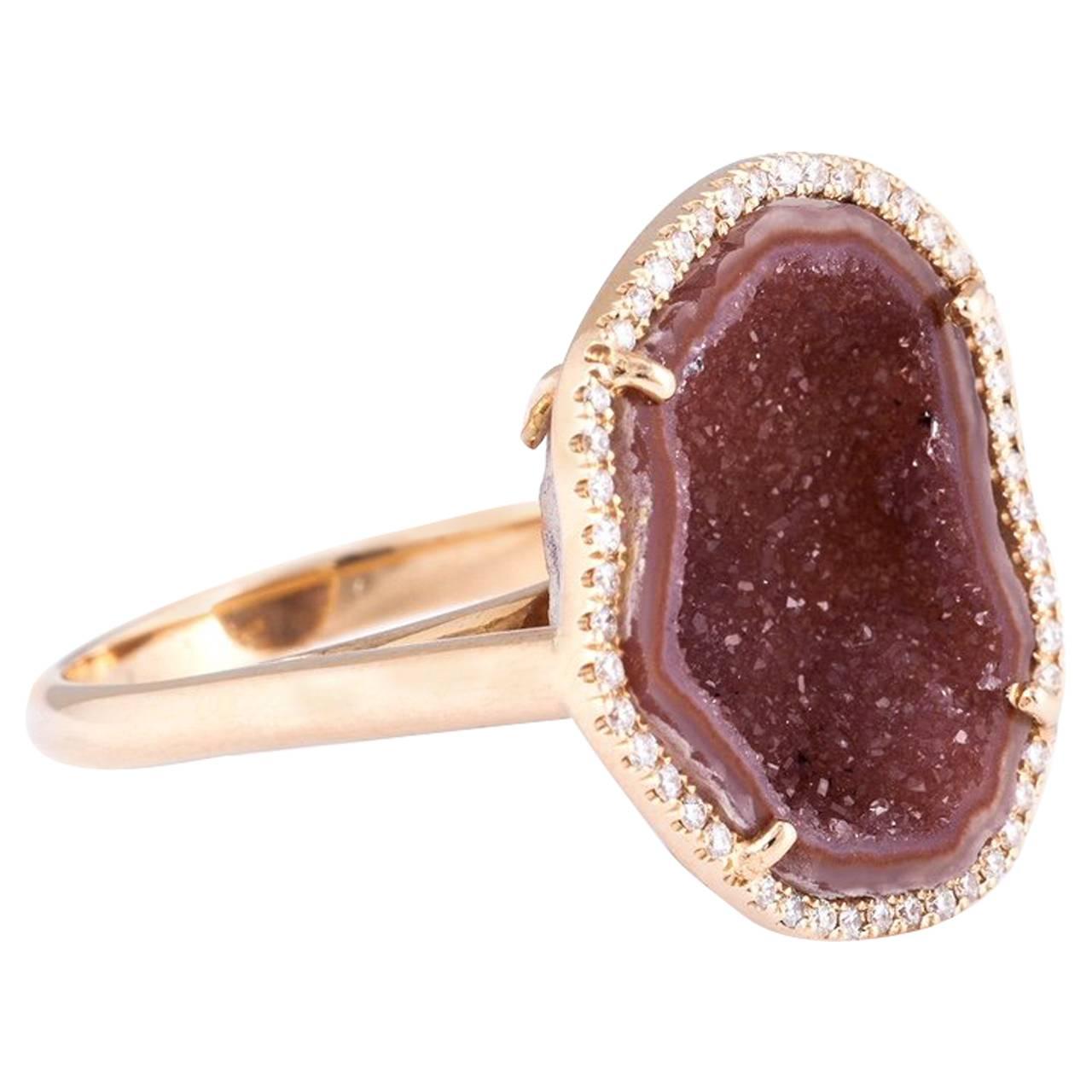 Karolin Rose Gold Clay Agate Geode White Pave Diamond Cocktail Ring