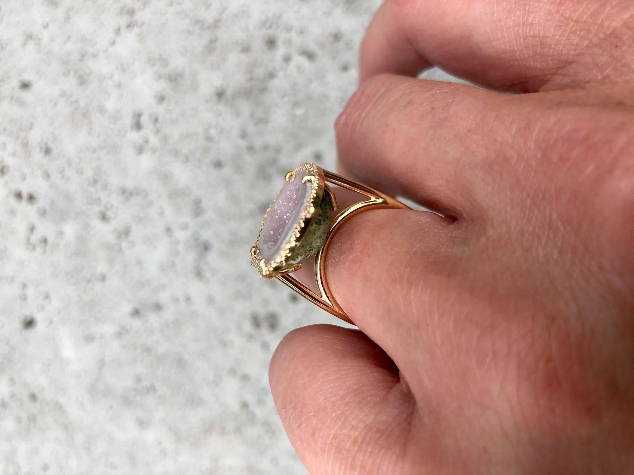 Contemporary Karolin Rose Gold Pink Agate Geode White Pave Diamond Cocktail Ring