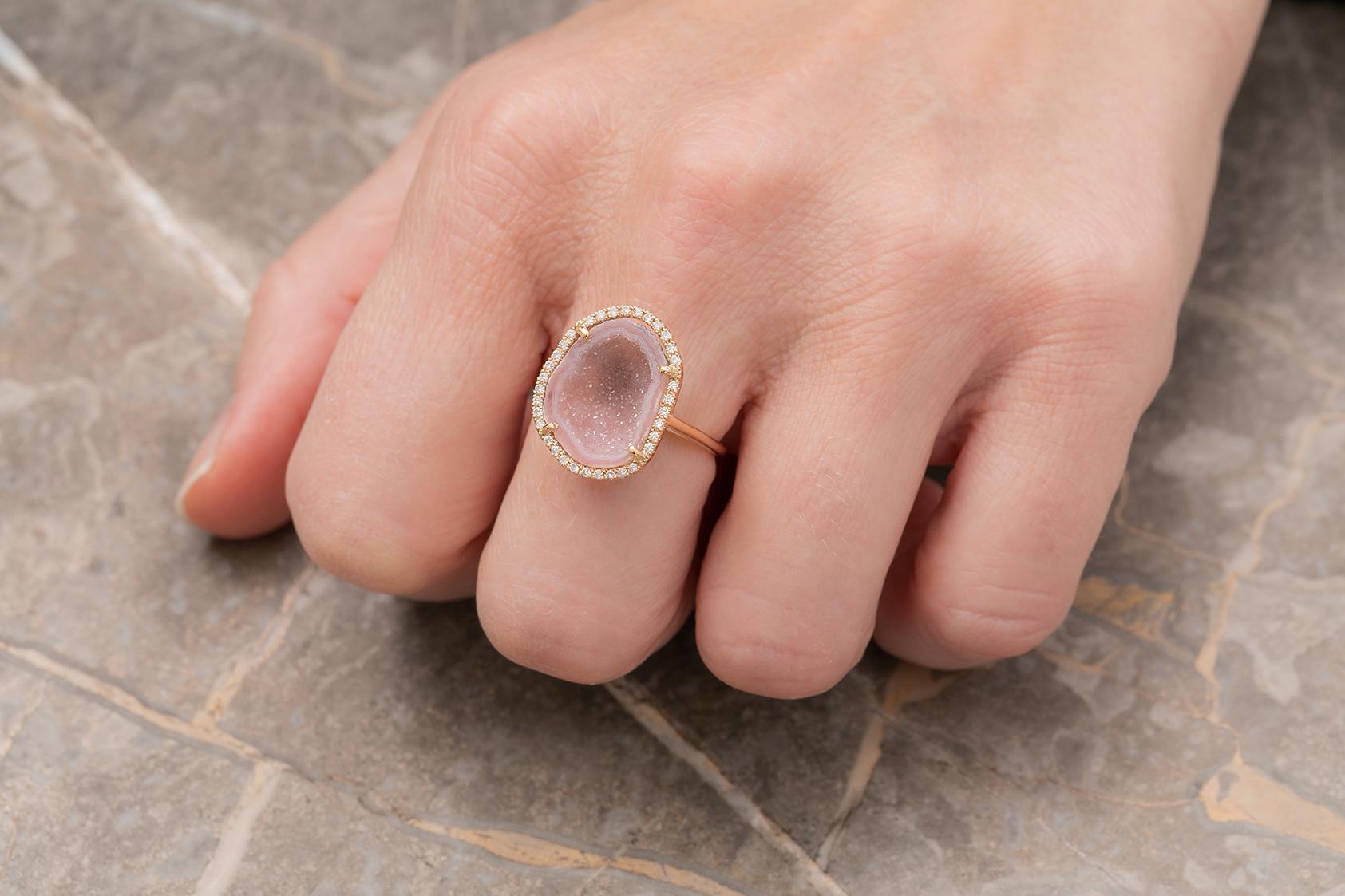 Round Cut Karolin Rose Gold Pink Agate Geode White Pavé Diamond Cocktail Ring