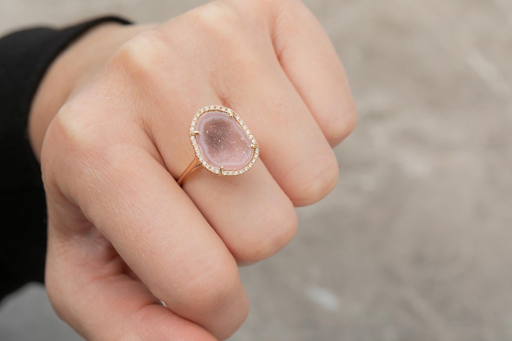 Women's Karolin Rose Gold Pink Agate Geode White Pavé Diamond Cocktail Ring
