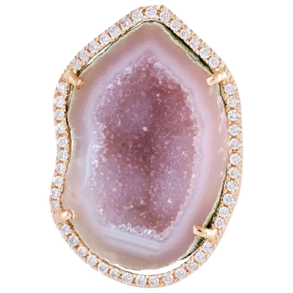 Karolin Rose Gold Pink Agate Geode White Pave Diamond Cocktail Ring