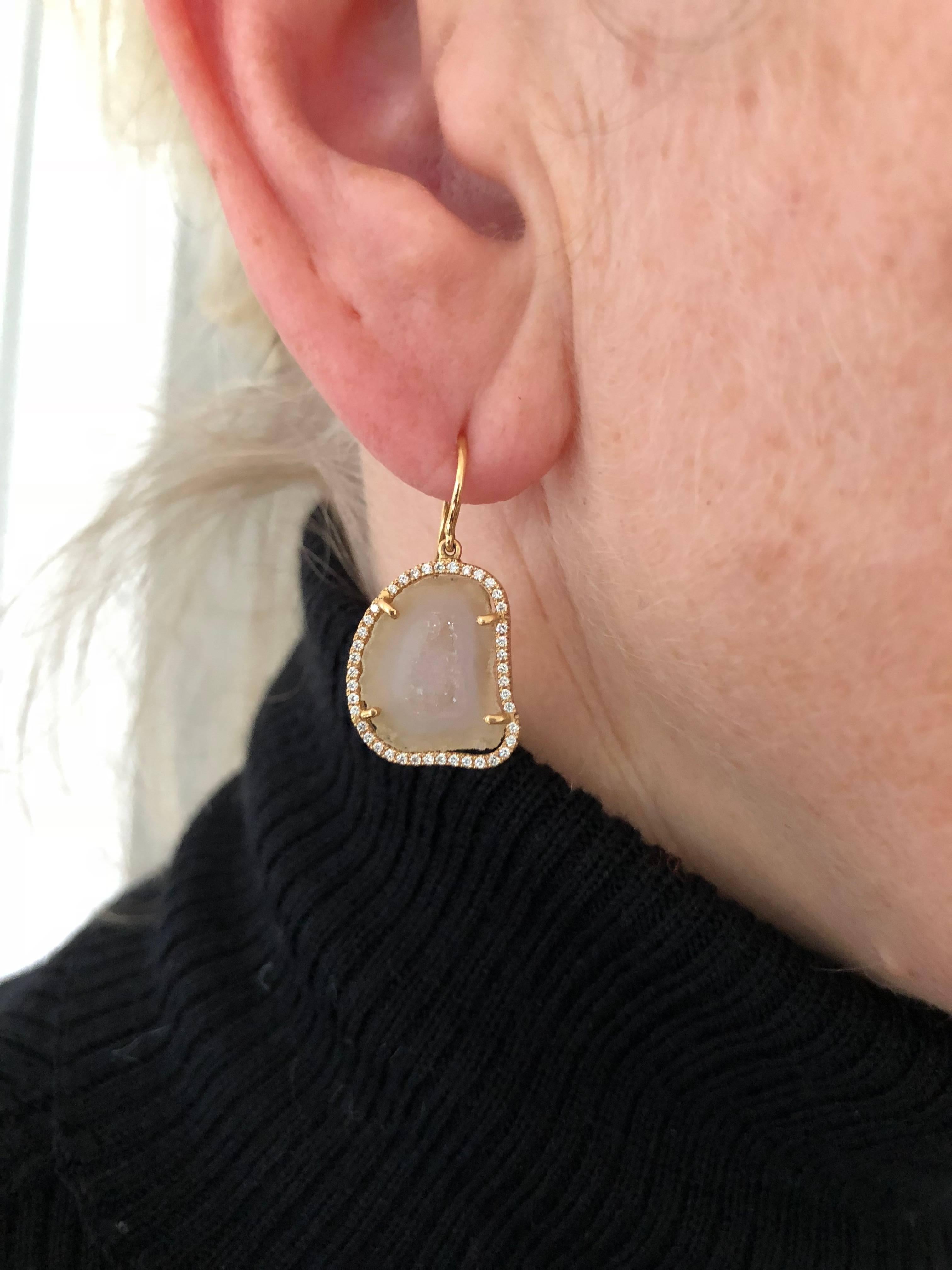 Contemporary Karolin Rose Gold White pavé Diamond Hook Drop Earrings Agate Stud
