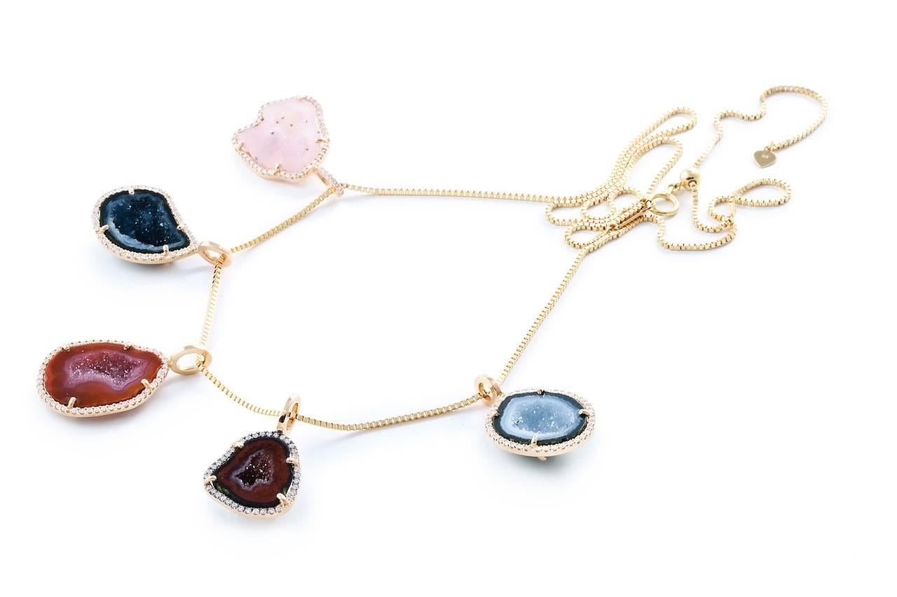 Women's or Men's Karolin Rose Gold White Diamond Pendant Agate Necklace For Sale