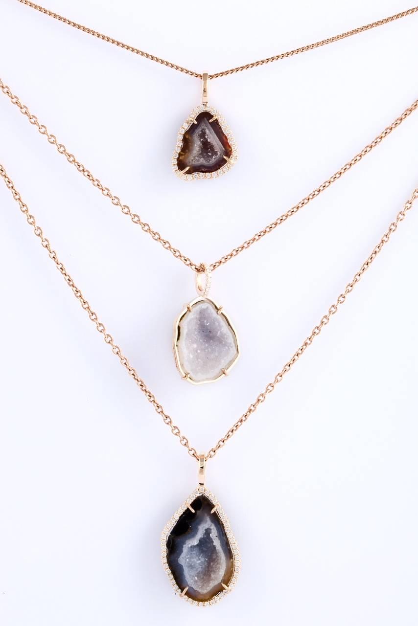 Women's or Men's Karolin Rose Gold White Diamond Pendant Agate Necklace