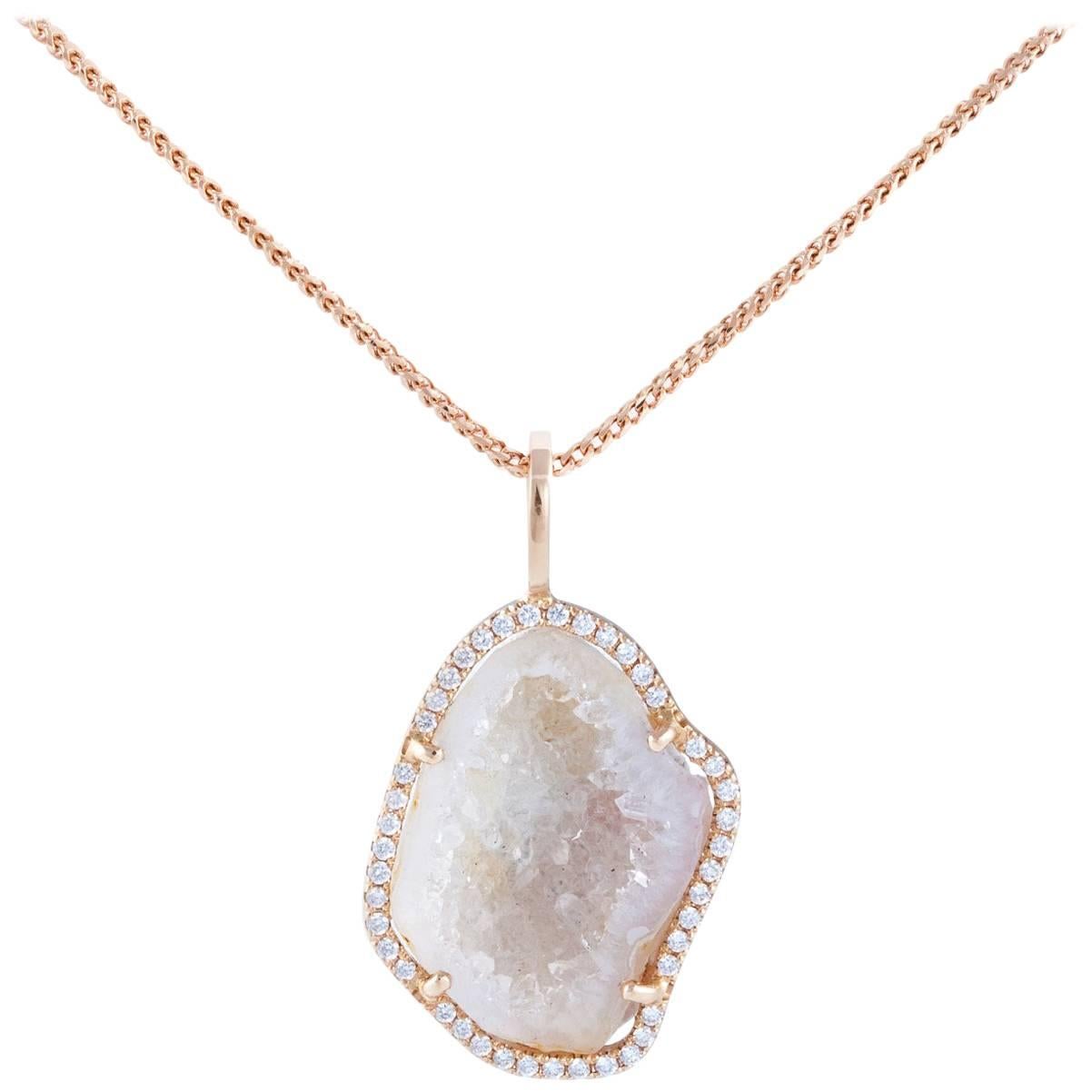 Karolin Rose Gold White Diamond Pendant Agate Necklace For Sale