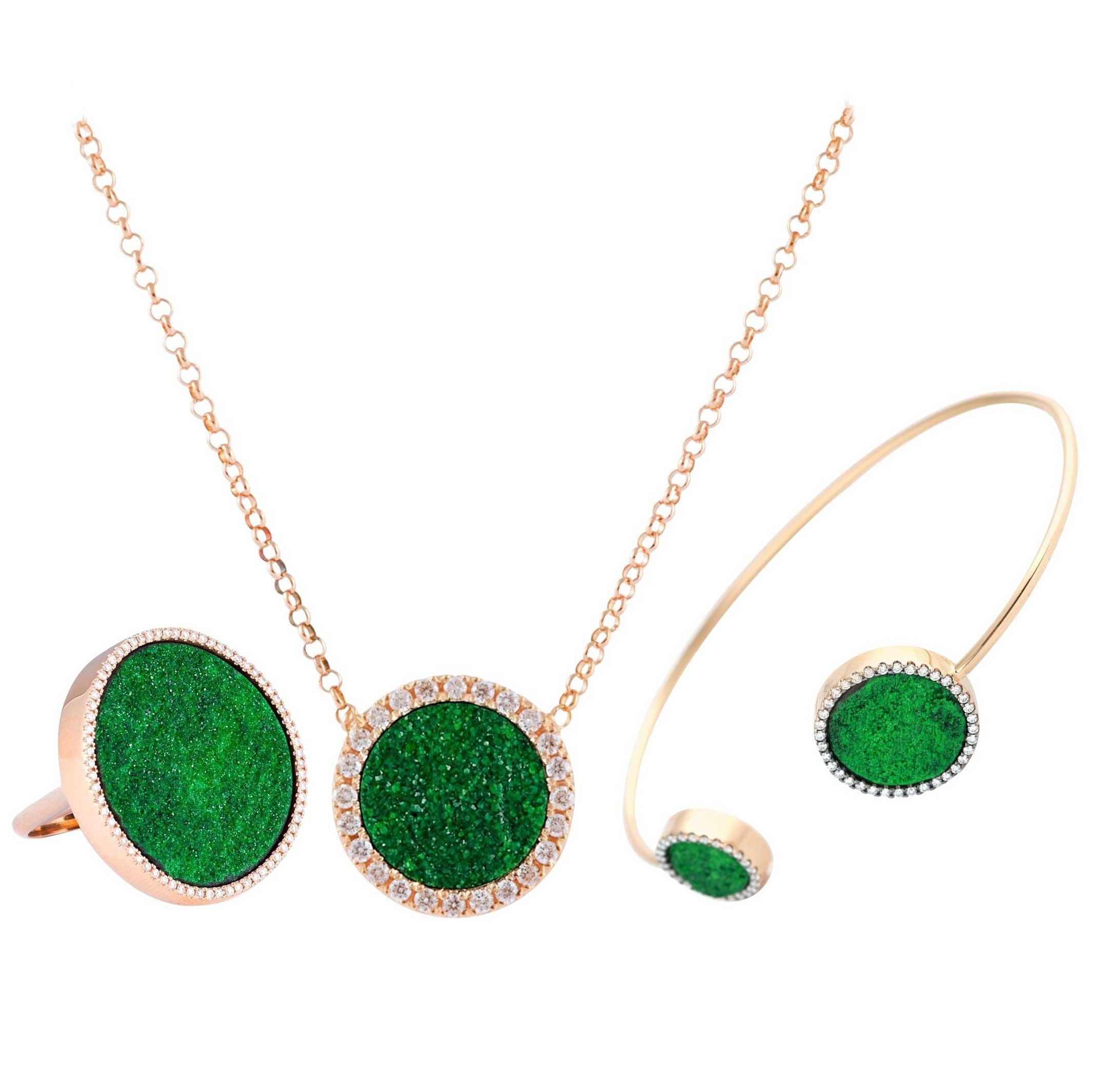 Round Cut Karolin Rose Gold White Diamond Pendant Green Uvarovite Necklace