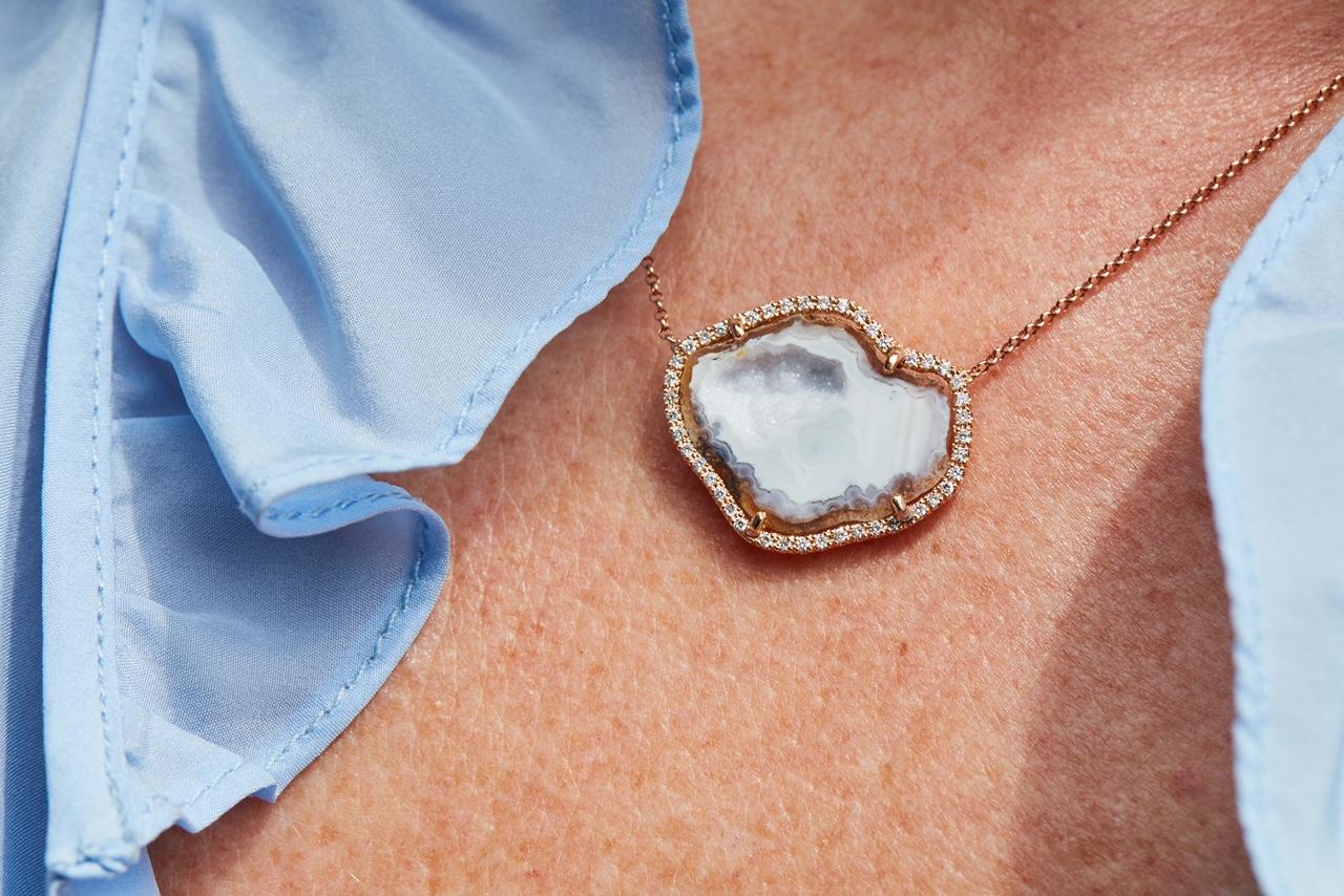 Contemporary Karolin Rose Gold White Diamond Pendant White Agate Necklace