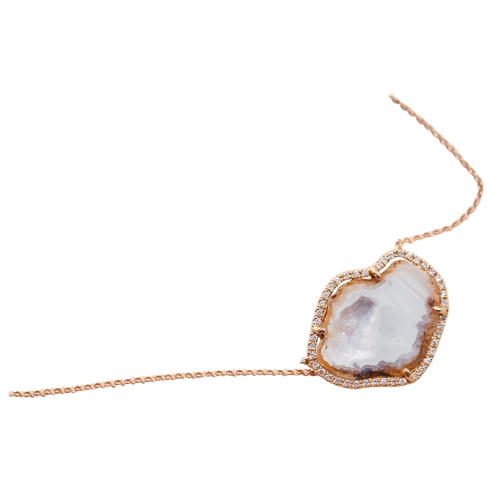Karolin Rose Gold White Diamond Pendant White Agate Necklace