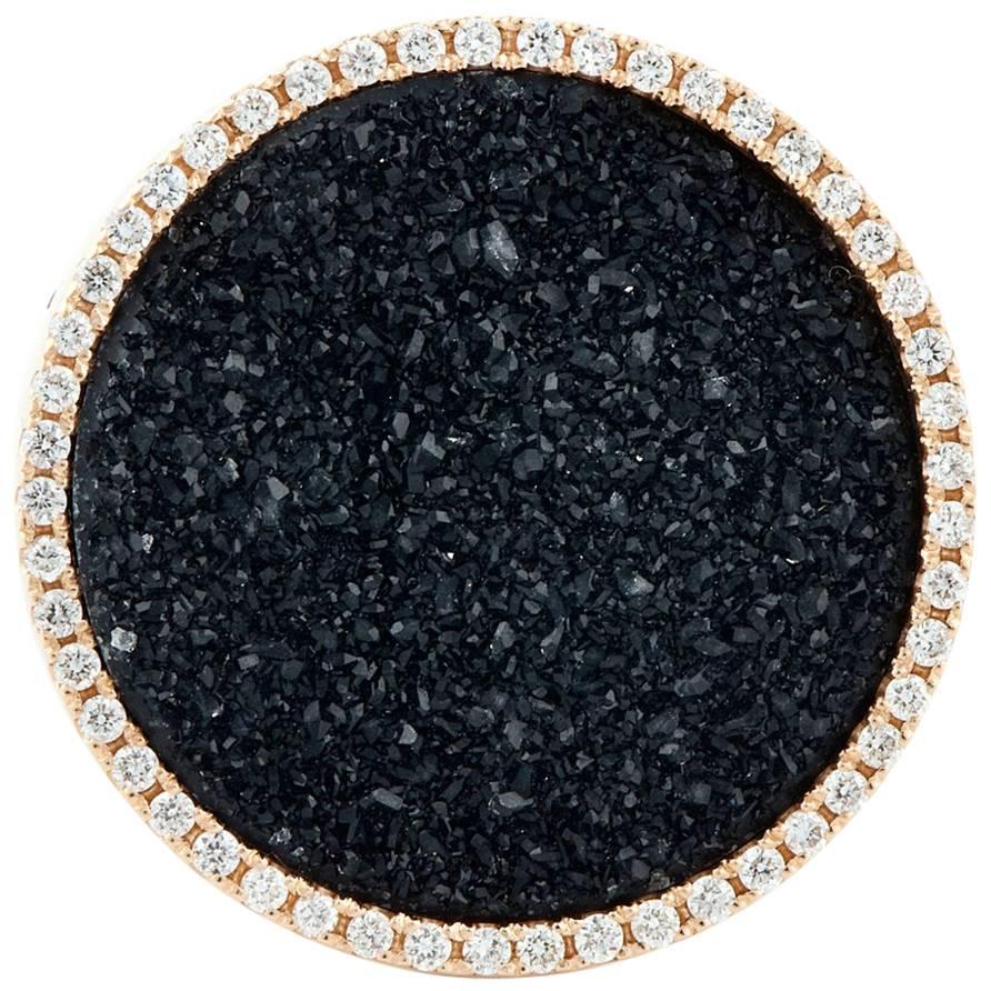 Contemporary Karolin Rose Gold White Diamonds Black Druzy Agate Cocktail Ring For Sale