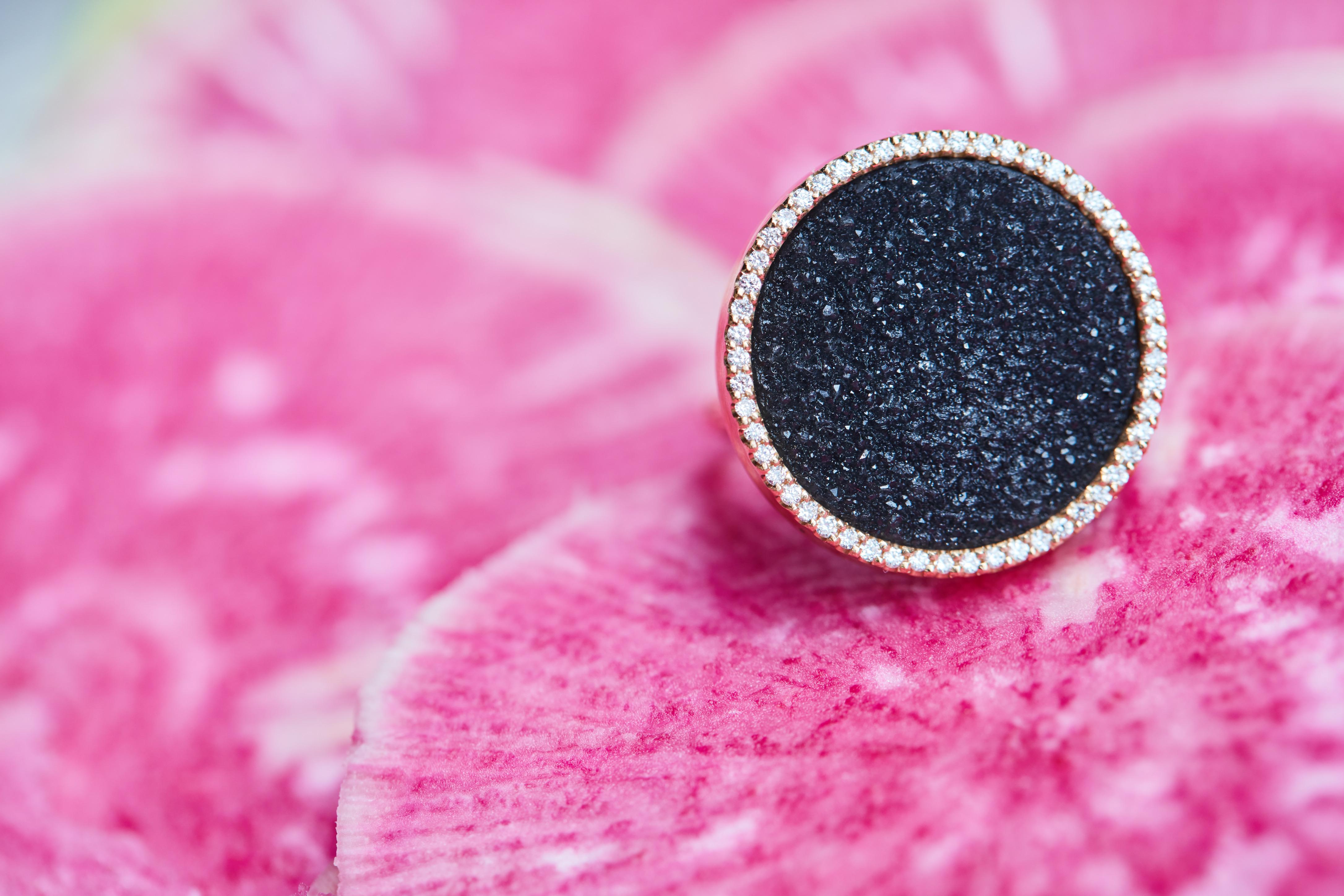 Karolin Rose Gold White Diamonds Black Druzy Agate Cocktail Ring In New Condition For Sale In Antwerp, BE