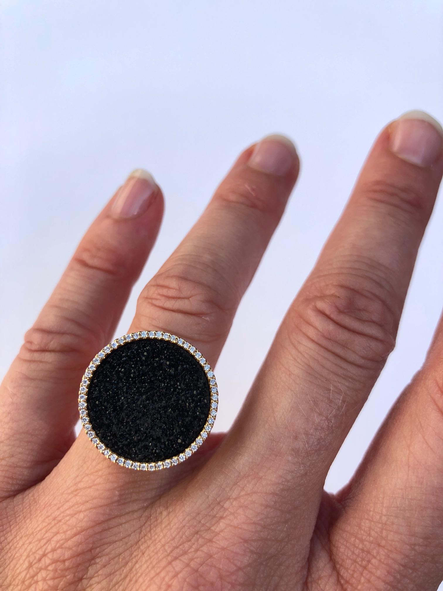 Round Cut Karolin Rose Gold White Diamonds Black Druzy Agate Cocktail Ring For Sale