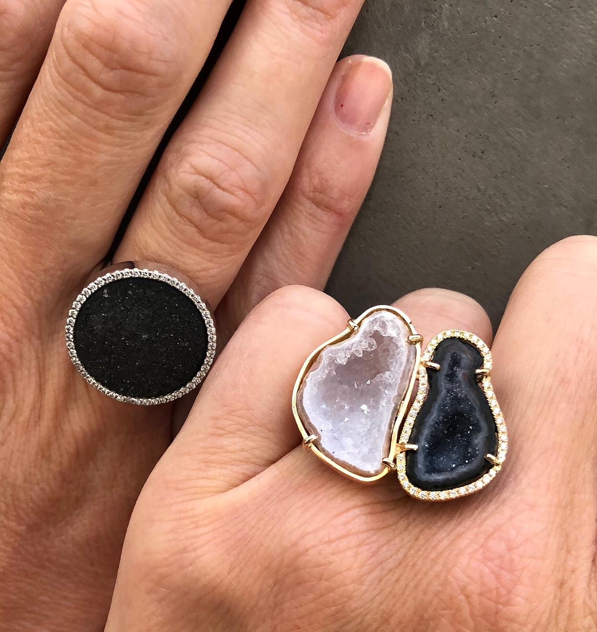 Karolin Rose Gold White Diamonds Black Druzy Agate Cocktail Ring In New Condition For Sale In Antwerp, BE