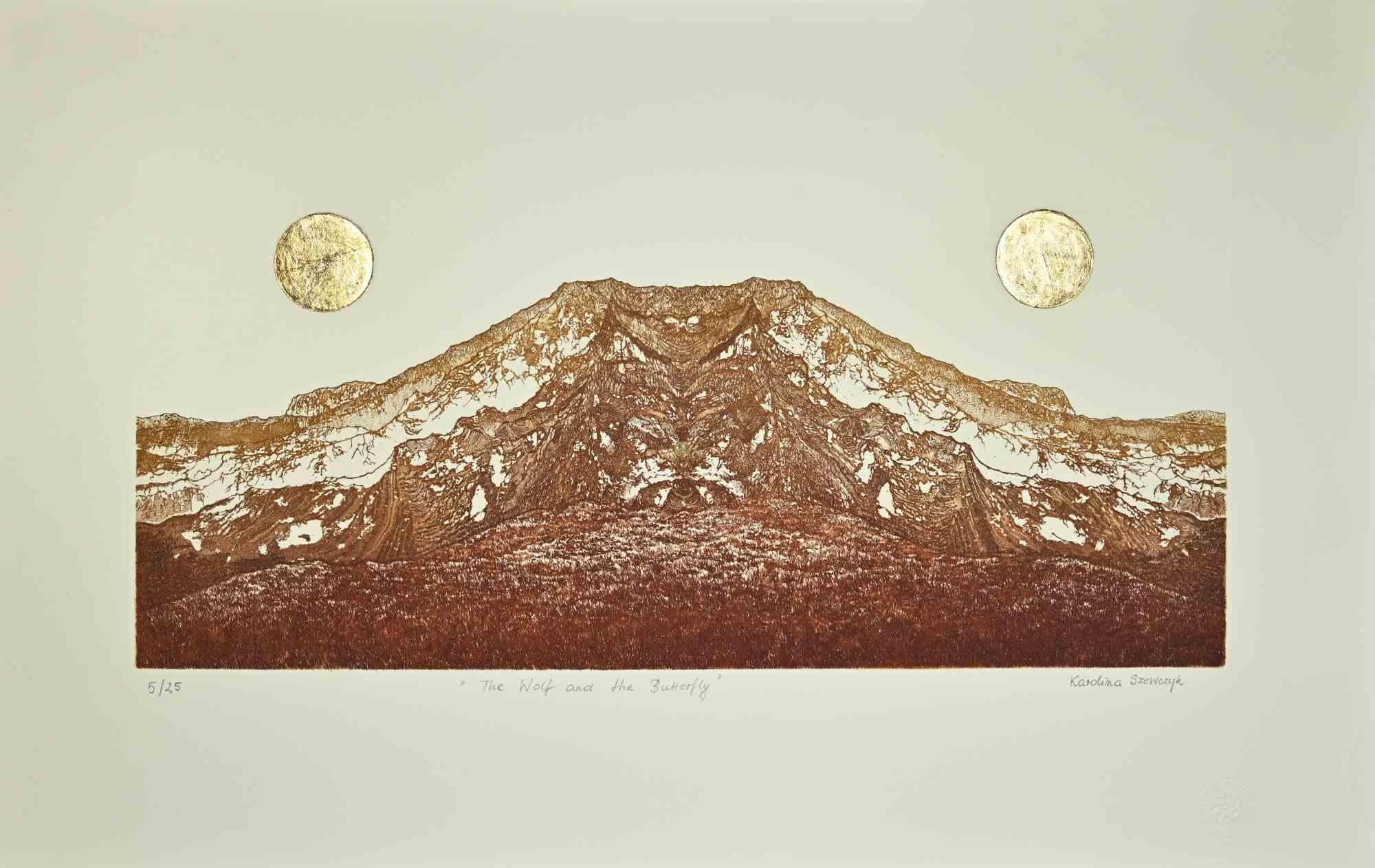 The wolf and the butterfly is an artwork realized by Karolina Szewczyk the 2020s.

Etching, Aquatint, and Golden leaf.

Hand-signed.

Numbered. Edition 5/25.