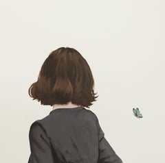 "Butterfly II" Contemporary Portrait Painting of a Girl Looking at a Butterfly