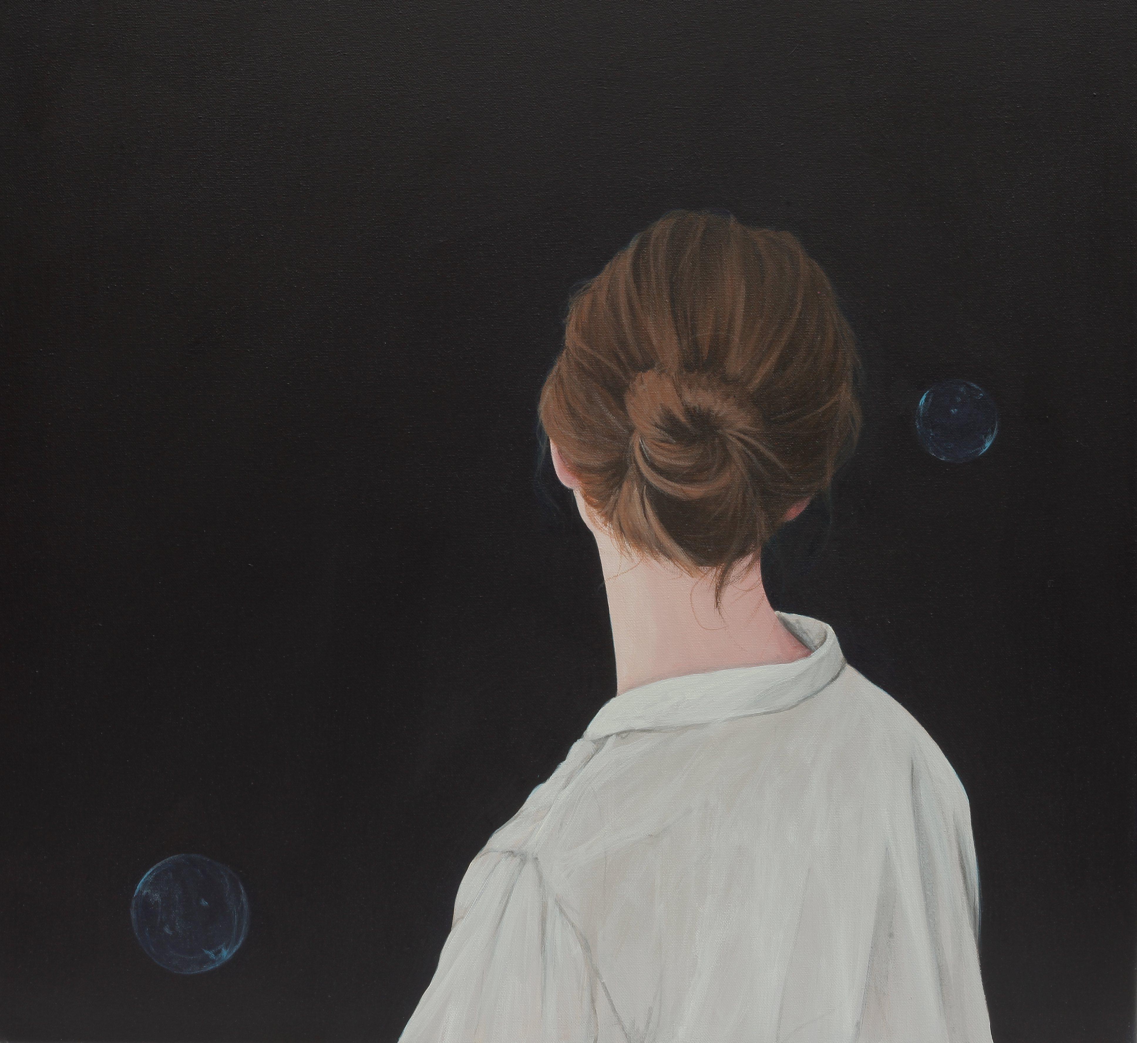 Karoline Kroiss Figurative Painting - Contemporary Portrait of Girl with White Blouse on Black Background Soap Bubbles