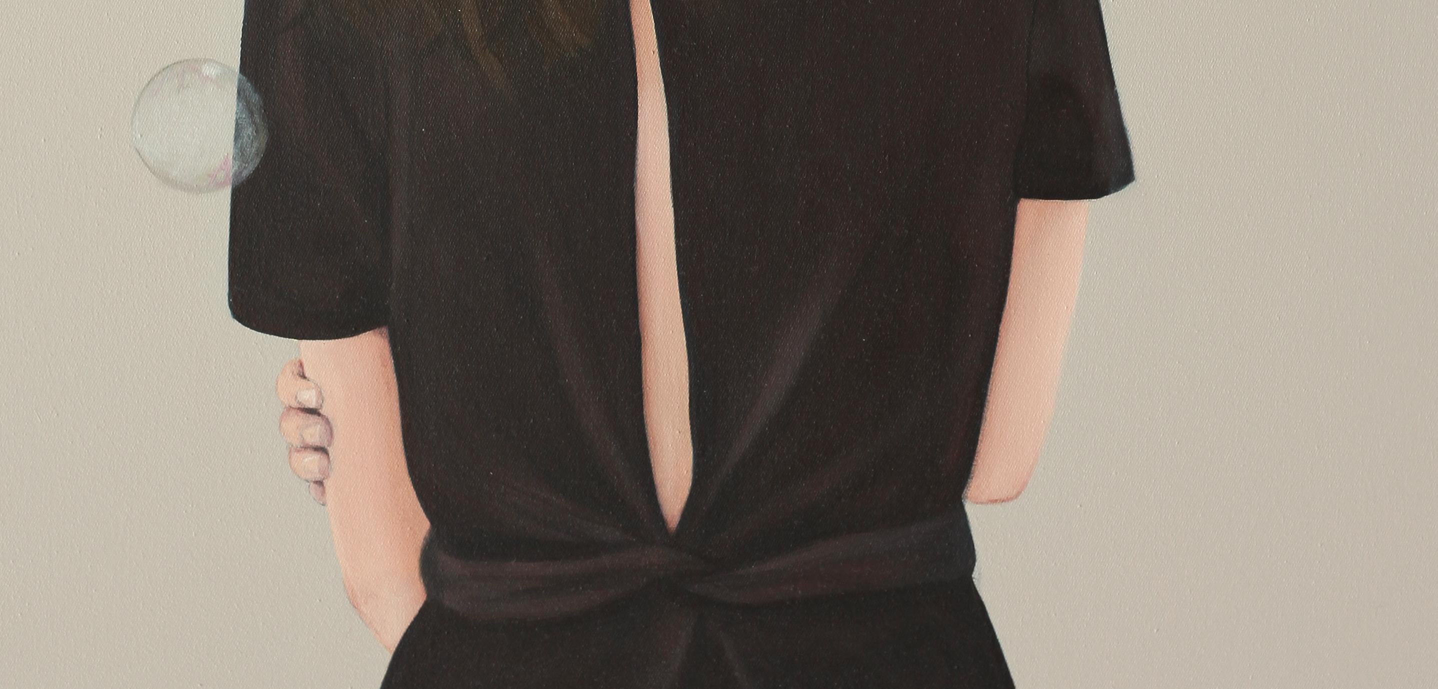 'For a While' Contemporary Portrait Painting of a Girl with a Brown Dress - Beige Figurative Painting by Karoline Kroiss