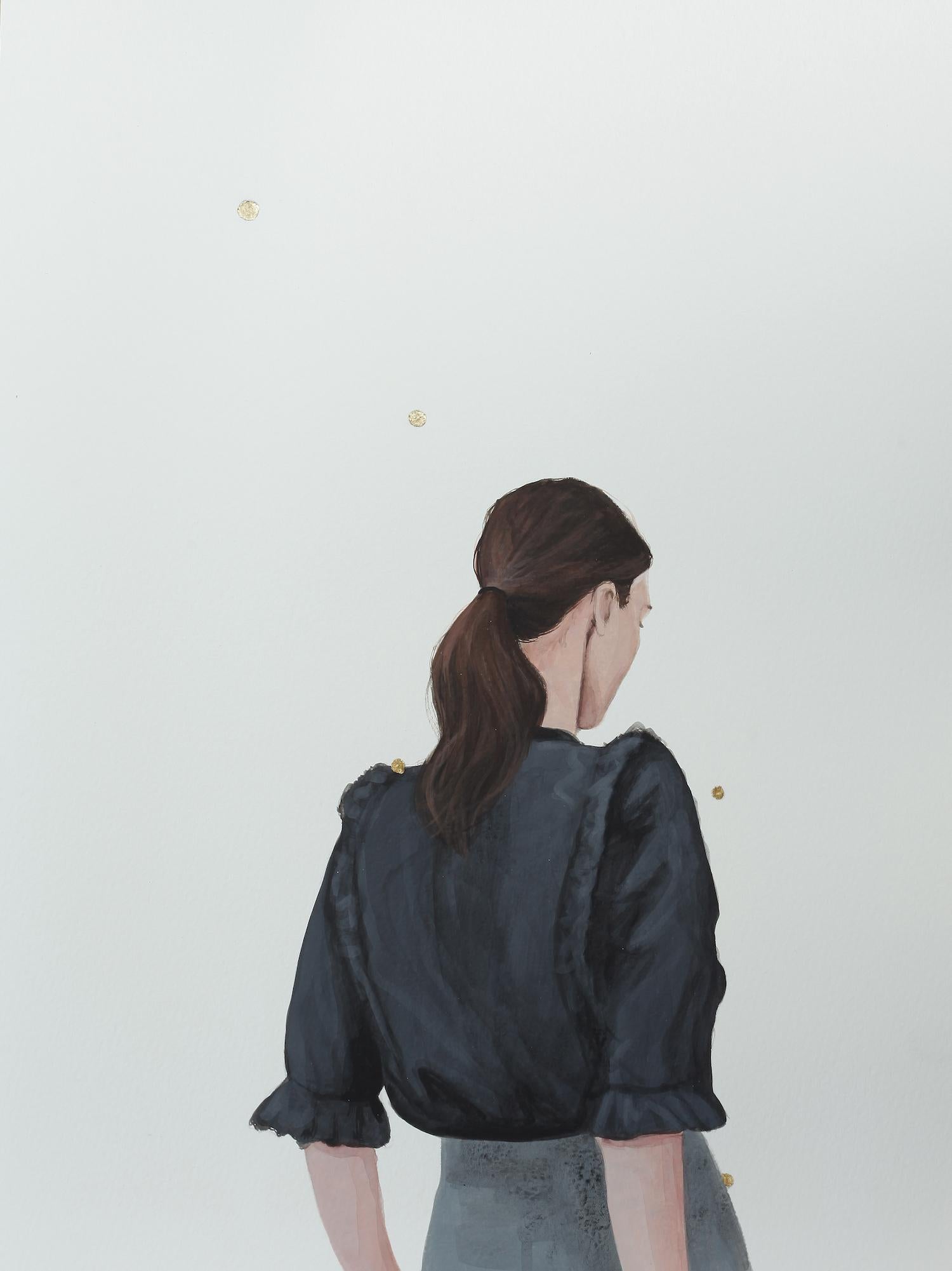 Karoline Kroiss Figurative Painting - "Golden Dots VII" Contemporary Portrait Painting of a Girl with Golden Dots