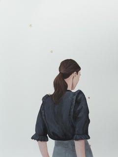 « Golden Dots VII », peinture contemporaine d'un portrait d'une fille aux pois dorés