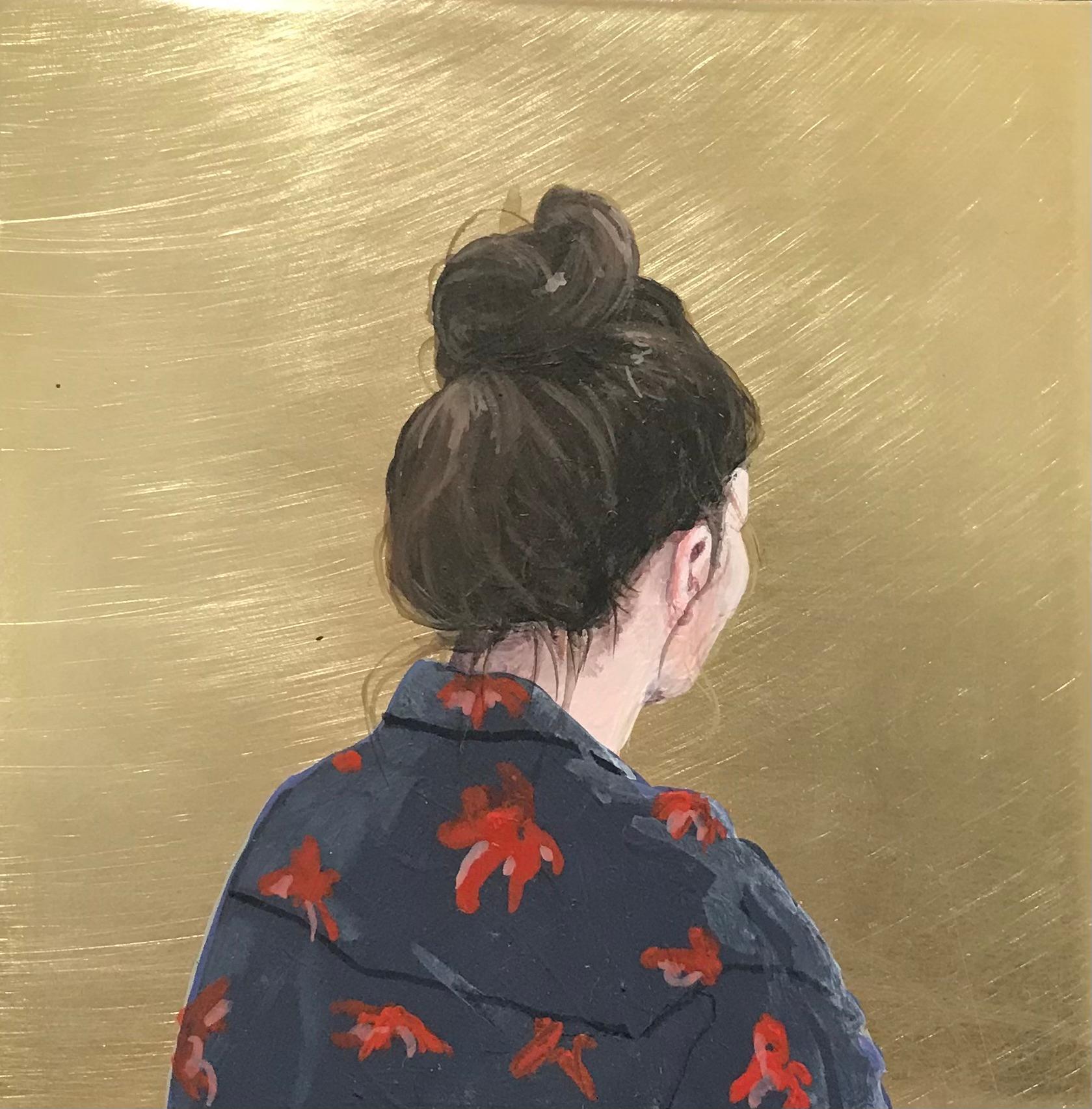 Karoline Kroiss Portrait Painting - ''Golden Moment L'' Contemporary Portrait of Girl with Blue Blouse on Brass