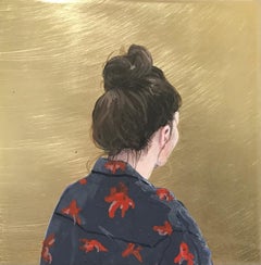 ''Golden Moment L'' Portrait contemporain d'une jeune fille au chemisier bleu sur laiton