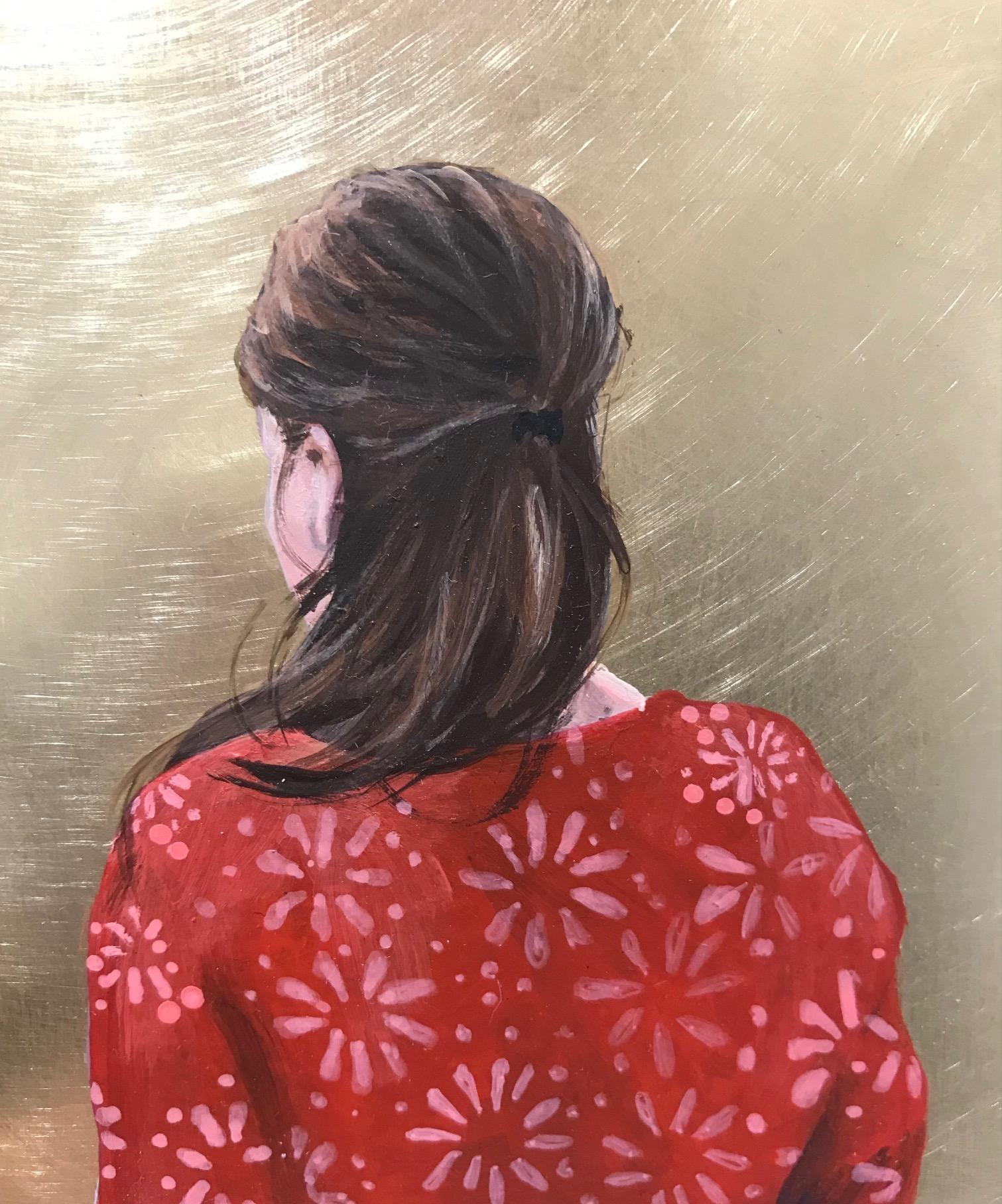 ''Golden Moment LIII'' Contemporary Portrait of Girl with Red Blouse on Brass - Painting by Karoline Kroiss