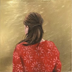 ''Golden Moment LIII'' Portrait contemporain d'une jeune fille au chemisier rouge sur laiton