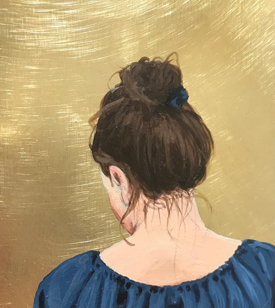 ''Golden Moment LIV'' Contemporary Portrait of Girl with Blue Blouse on Brass - Painting by Karoline Kroiss