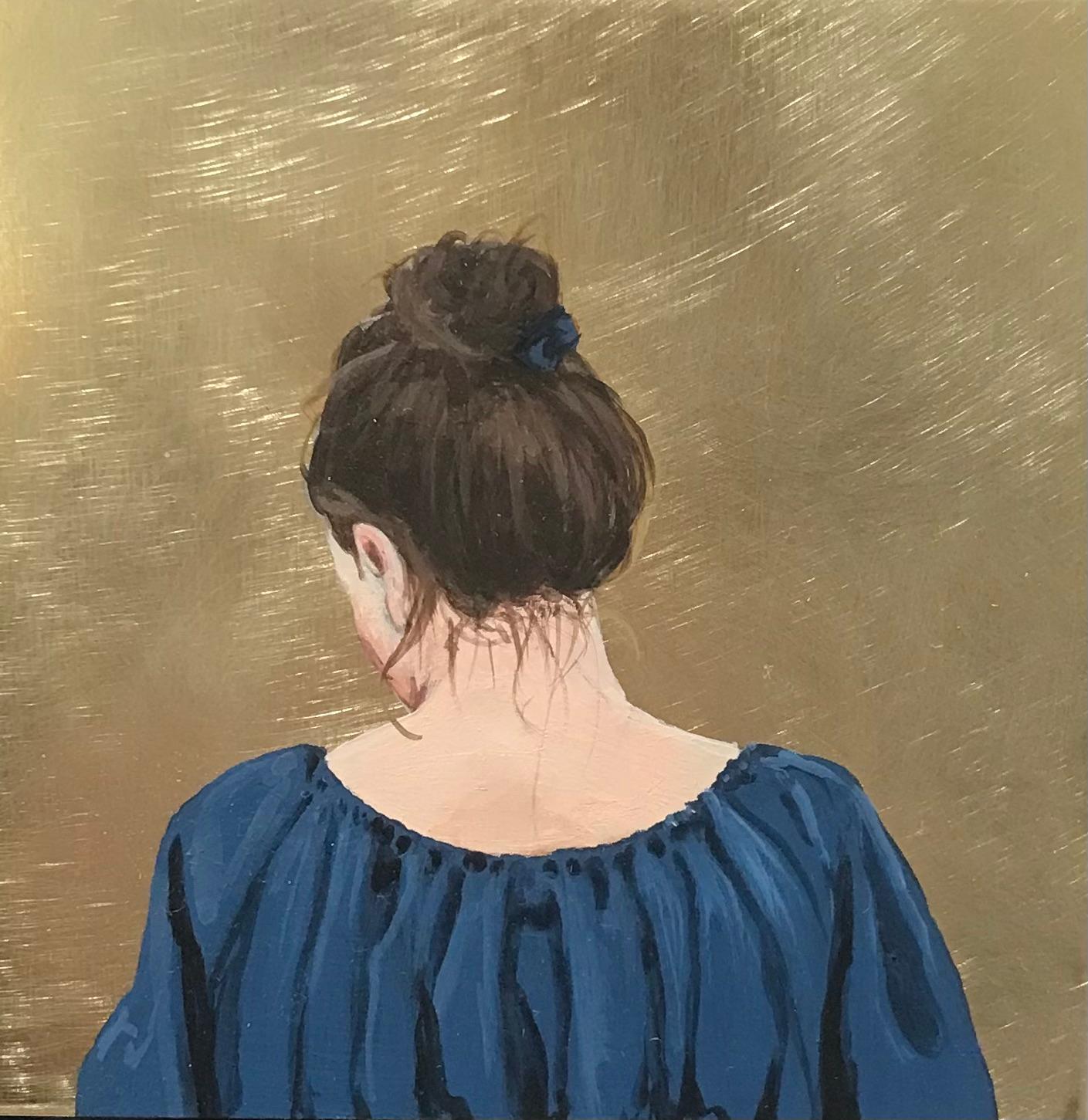 Karoline Kroiss Figurative Painting - ''Golden Moment LIV'' Contemporary Portrait of Girl with Blue Blouse on Brass