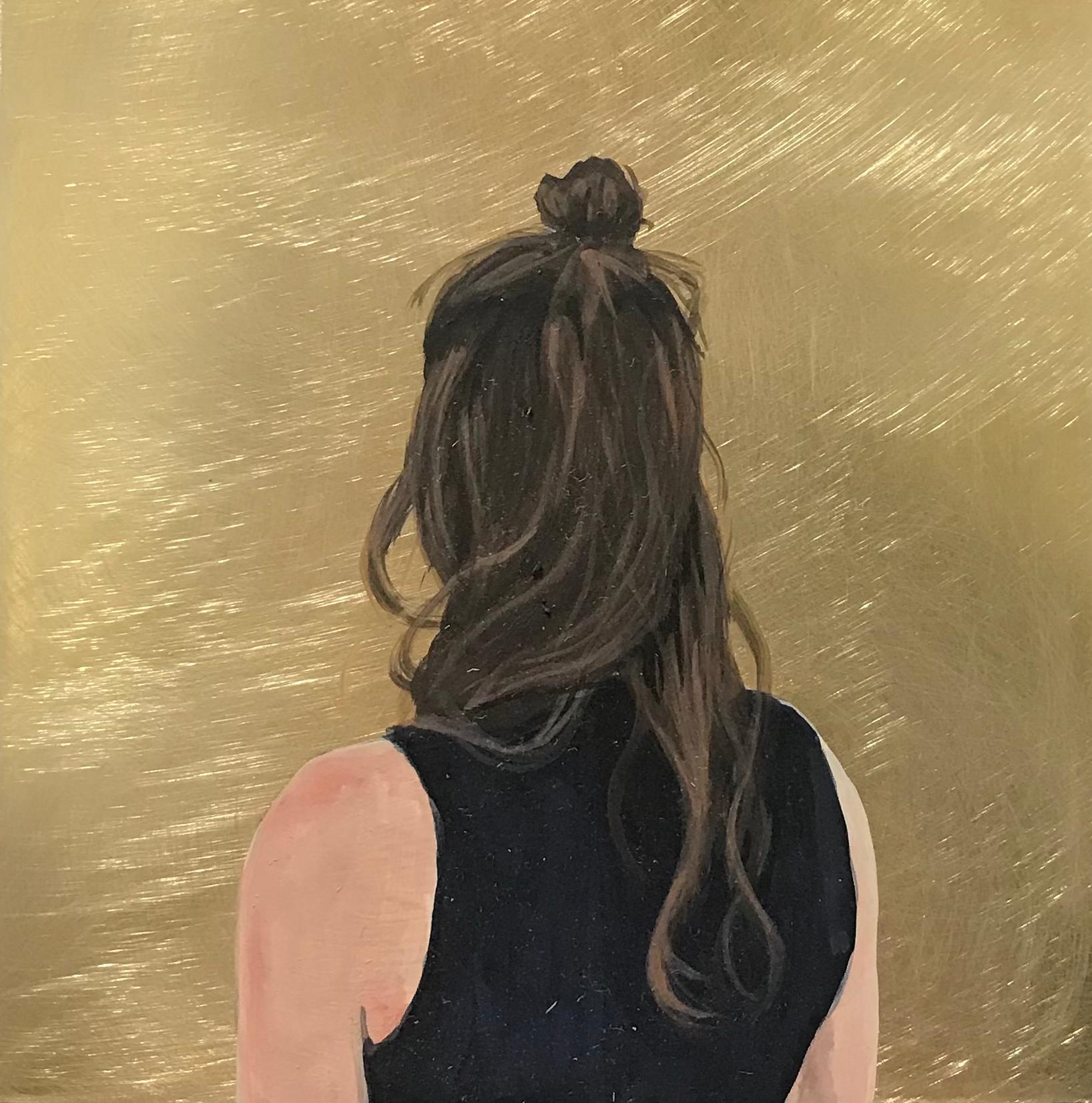 Karoline Kroiss Figurative Painting - ''Golden Moment LV'' Contemporary Portrait of Girl with Black Shirt on Brass