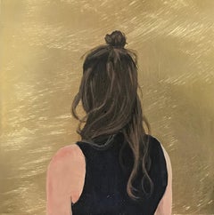 ''Goldener Moment LV'' Contemporary Portrait of Girl with Black Shirt on Brass