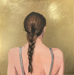 ''Golden Moment LVI'' Contemporary Portrait of Girl with Braid on Brass