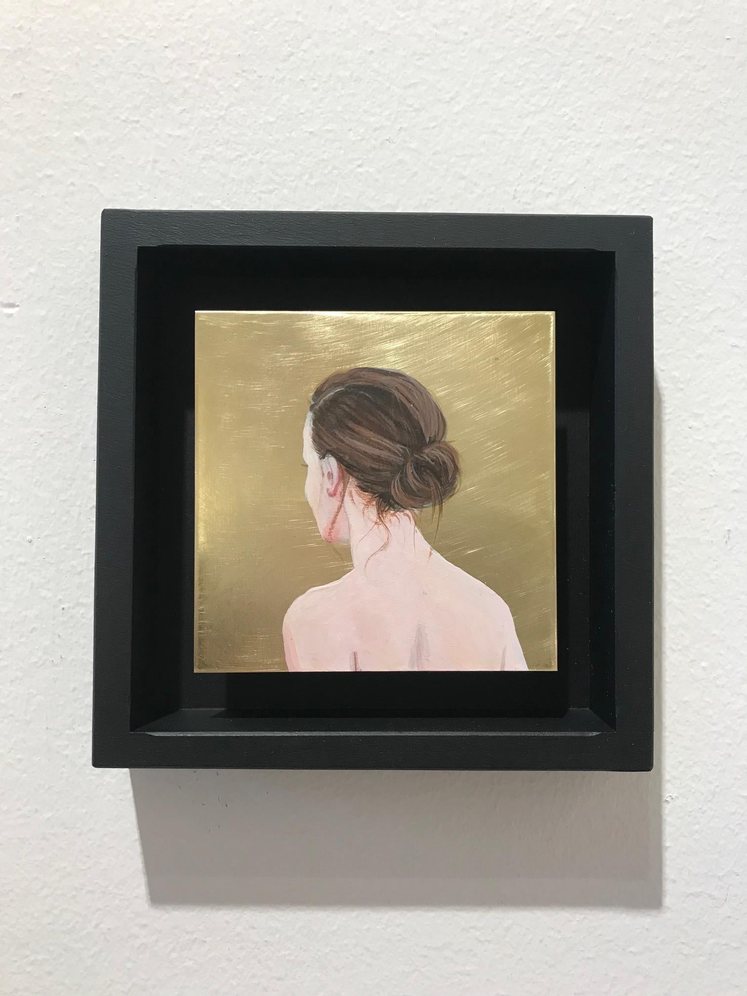 ''Golden Moment LXIII'' Contemporary Portrait of Girl with Hair Bun on Brass - Painting by Karoline Kroiss