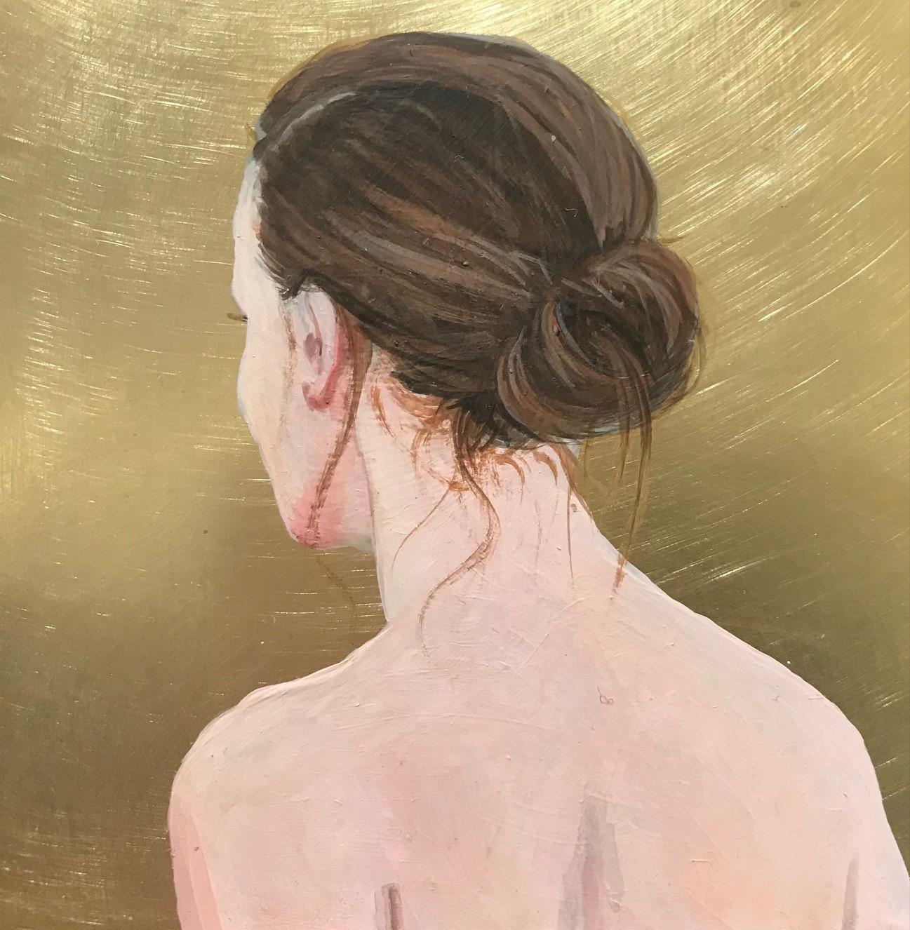 ''Golden Moment LXIII'' Contemporary Portrait of Girl with Hair Bun on Brass For Sale 2